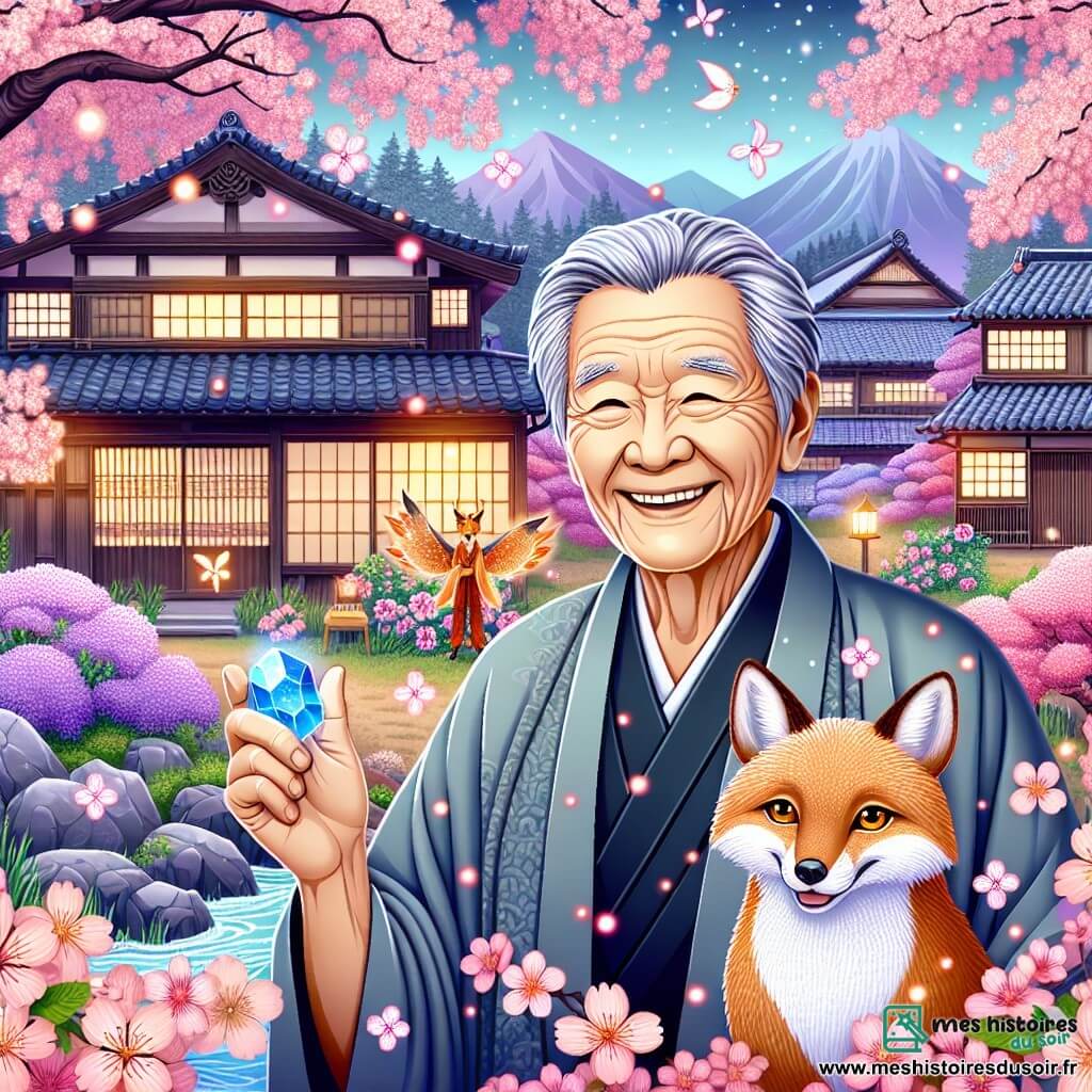Une illustration sous forme de dessin destinée aux enfants représentant un village japonais pittoresque, avec des maisons traditionnelles en bois entourées de cerisiers en fleurs, où un homme âgé au visage souriant, aux cheveux grisonnants et vêtu d'un kimono simple, se tient au centre, tenant une pierre précieuse d'un bleu profond, tandis qu'un renard majestueux aux yeux dorés, symbole de sagesse, l'observe avec bienveillance, et des esprits lumineux sous forme de lucioles dansent autour d'eux, créant une atmosphère magique et apaisante, illustrant la rencontre entre l'homme et le monde des kami.
