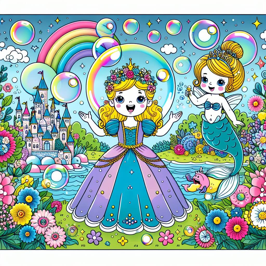 Une illustration destinée aux enfants représentant une princesse coquine, entourée de bulles géantes et d'une sirène rigolote, dans un jardin magique rempli de fleurs multicolores et d'étangs étincelants, dans le royaume enchanté des histoires rigolotes.
