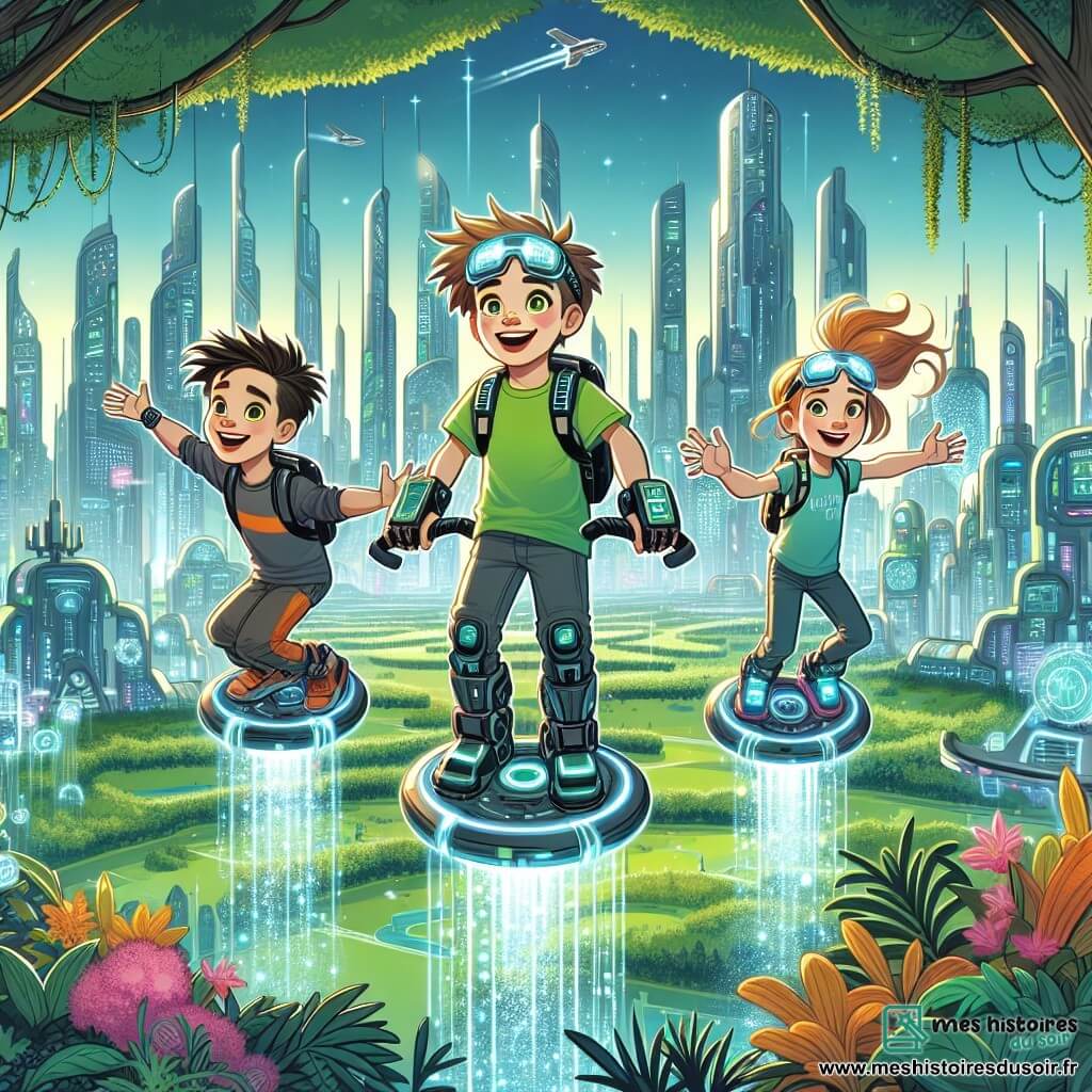 Une illustration sous forme de dessin destinée aux enfants représentant un jardin suspendu luxuriant dans la ville futuriste de Luminara, avec des gratte-ciels scintillants en arrière-plan, où un groupe de trois enfants de 11 ans, deux garçons aux cheveux ébouriffés et aux yeux pétillants, et une fille aux lunettes de protection sur le front, s’entraîne joyeusement à piloter des Skydrives flottants, tandis qu’un hologramme coloré de leur invention, un Transmetteur de Pensées, brille à leurs côtés, symbolisant leur aventure d’amitié et d’innovation.