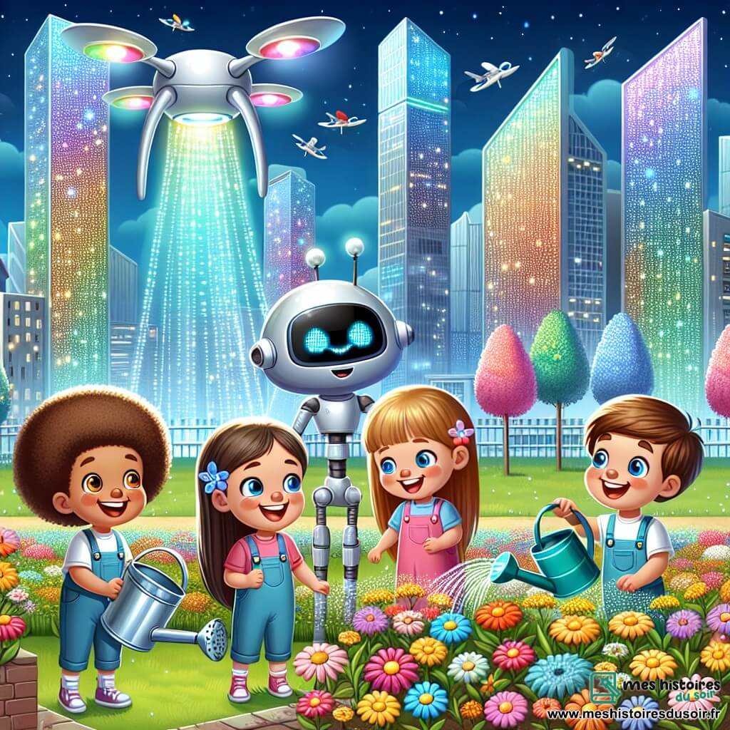 Une illustration sous forme de dessin destinée aux enfants représentant un parc futuriste de Lumiville, avec des bâtiments scintillants en arrière-plan et des fleurs multicolores, où un groupe de quatre enfants de cinq ans, deux garçons aux cheveux bouclés et un sourire éclatant, et deux filles aux cheveux longs et brillants, s'amusent à arroser des fleurs avec un robot jardinier amical, un robot aux bras longs et fins, qui les aide à prendre soin de la nature, tandis qu'un Volo-Drone flottant au-dessus d'eux illumine la scène de couleurs vives et joyeuses.