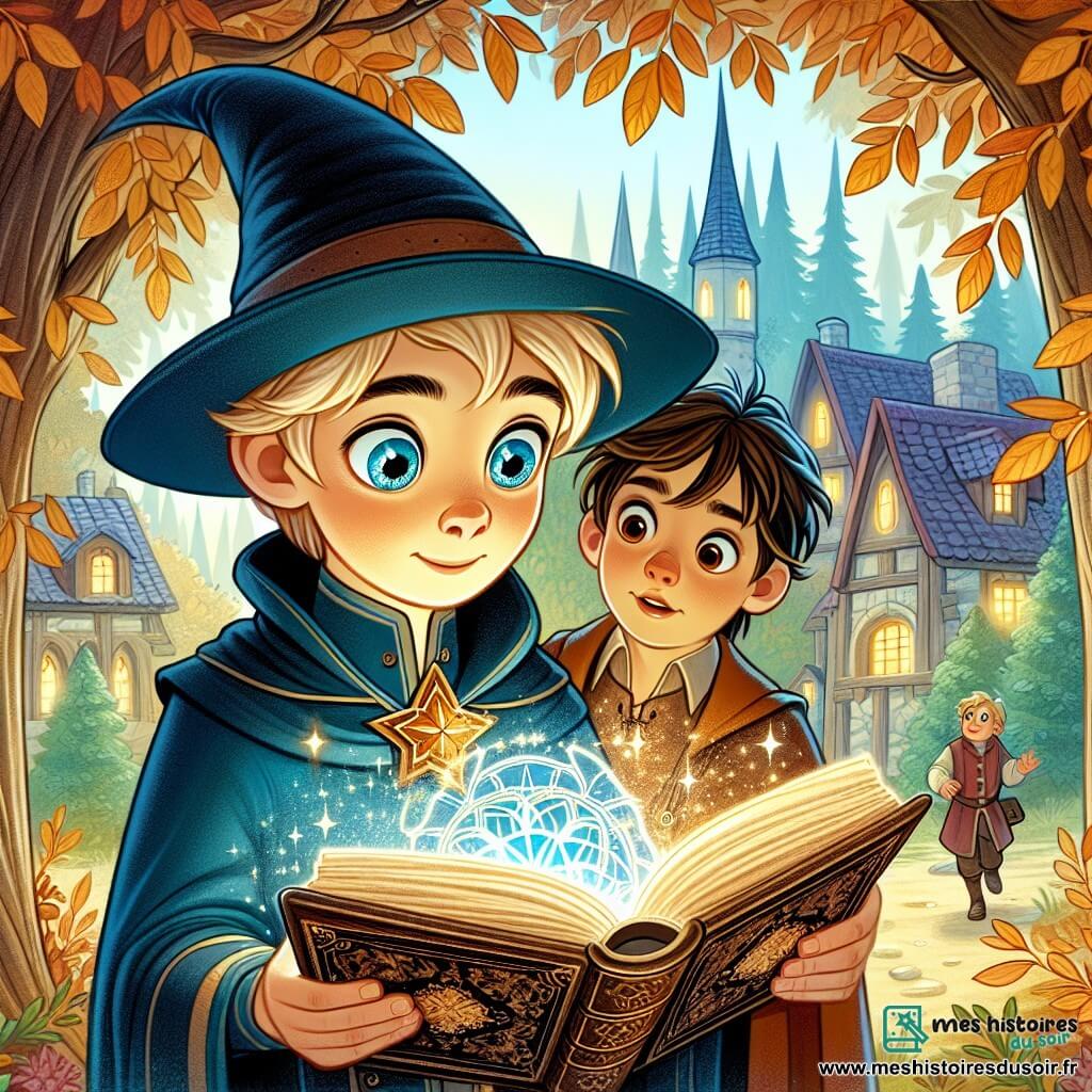 Une illustration destinée aux enfants représentant un jeune sorcier aux yeux pétillants découvrant un mystérieux grimoire magique, accompagné de son fidèle ami, un garçon curieux aux cheveux en bataille, dans un paisible village de Clairval, entouré d'une forêt enchantée aux arbres centenaires et aux feuilles dorées.