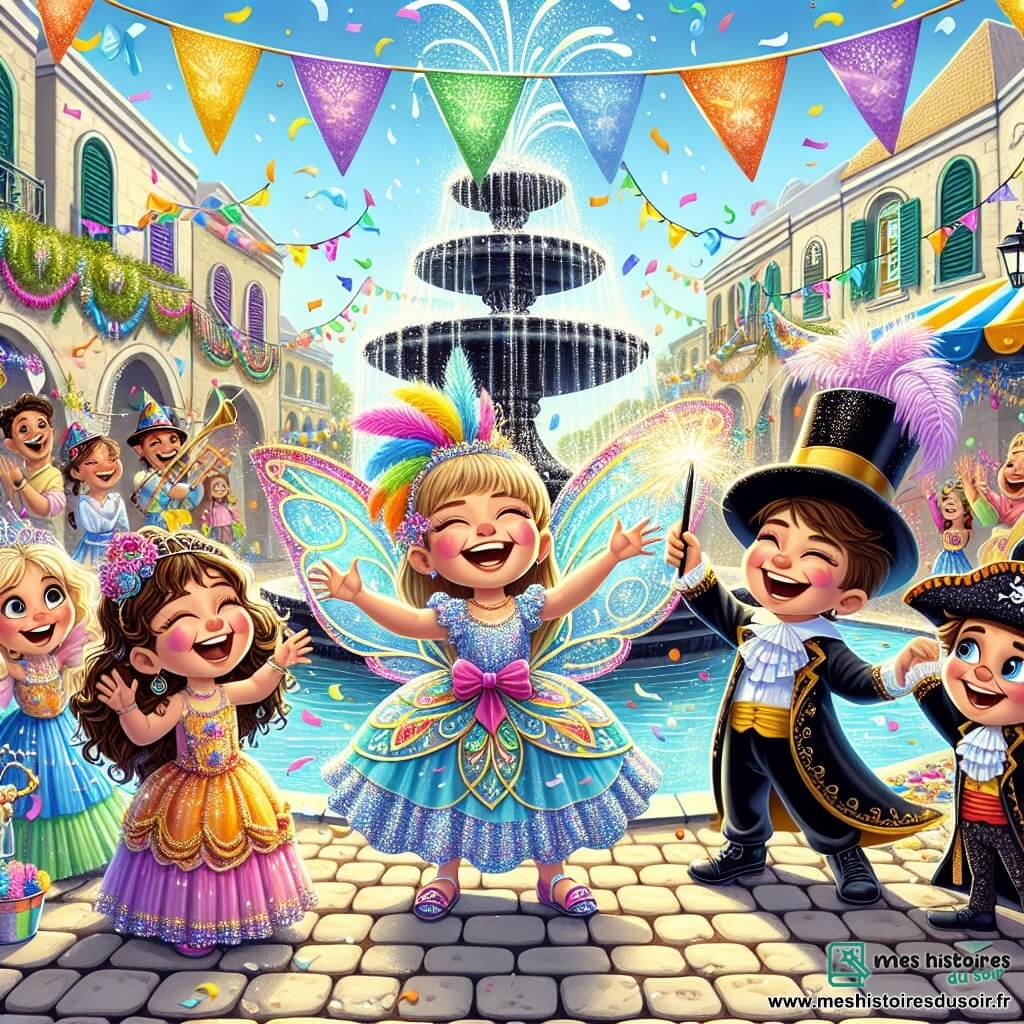 Illustration destinée aux enfants représentant une scène vibrante du carnaval dans une petite ville ensoleillée, avec des rues pavées bordées de stands colorés, de guirlandes de papier crépon flottant dans l'air et une grande fontaine au centre, où l'eau jaillit en arcs scintillants. Au premier plan, une fille de 11 ans, vêtue d'un costume de fée aux ailes scintillantes et ornées de paillettes multicolores, sourit avec enthousiasme tout en tenant une carte au trésor colorée. À ses côtés, un garçon de 12 ans, déguisé en magicien avec un chapeau haut de forme et une cape noire, brandit un bâton de magie, tandis qu'une petite fille aux cheveux bouclés, déguisée en pirate, observe avec curiosité. Ensemble, ils rient et s'apprêtent à partir à la chasse au trésor, entourés de confettis colorés qui tombent doucement du ciel, créant une atmosphère festive et joyeuse.