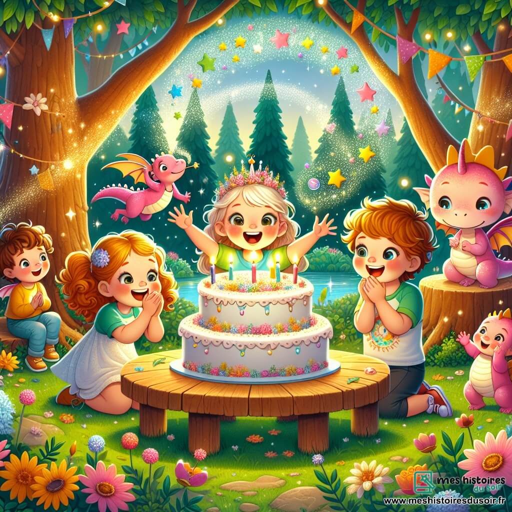 Illustration destinée aux enfants représentant une clairière enchantée baignée de lumière, entourée d'arbres aux feuilles multicolores et de fleurs chantantes, où se dresse une grande table en bois ornée d'un énorme gâteau décoré d'étoiles scintillantes. Au centre, un groupe de trois enfants de 3 ans : une petite fille aux boucles dorées, souriante et joyeuse, souffle sur des bougies en forme d'étoiles, tandis qu'une autre petite fille aux tresses rousses applaudit avec enthousiasme, et un petit garçon aux yeux pétillants, vêtu d'un t-shirt coloré, regarde émerveillé. À leurs côtés, un adorable dragon rose, nommé Bébé Drago, souffle des bulles remplies de confettis, ajoutant une touche de magie à cette scène festive et joyeuse.