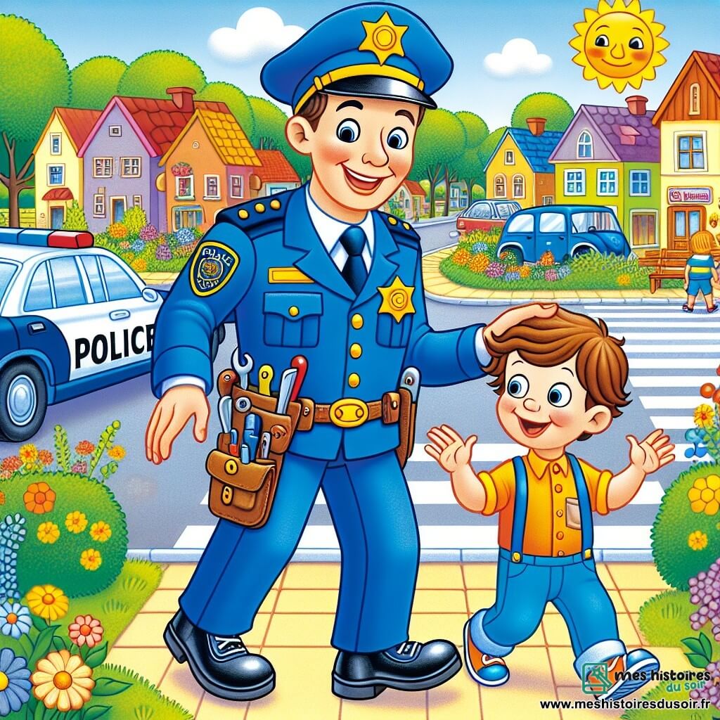 Une illustration sous forme de dessin destinée aux enfants représentant une rue animée d'une petite ville ensoleillée, avec un policier souriant, un homme d'une quarantaine d'années portant un uniforme bleu, une grande casquette et une ceinture pleine d'outils, qui siffle joyeusement tout en aidant un garçon curieux, aux cheveux bruns et aux yeux écarquillés, à traverser la route en toute sécurité, entouré de maisons colorées et d'arbres verdoyants, illustrant ainsi le thème de la protection et de l'entraide dans la communauté.