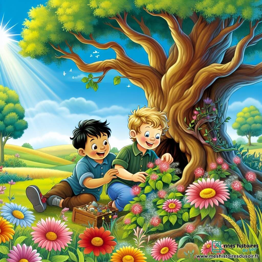 Une illustration destinée aux enfants représentant un petit garçon joyeux jouant avec son ami garçon dans un jardin fleuri baigné de soleil, découvrant un trésor caché sous un vieux chêne majestueux, sur fond de champs verdoyants et de ciel bleu printanier.