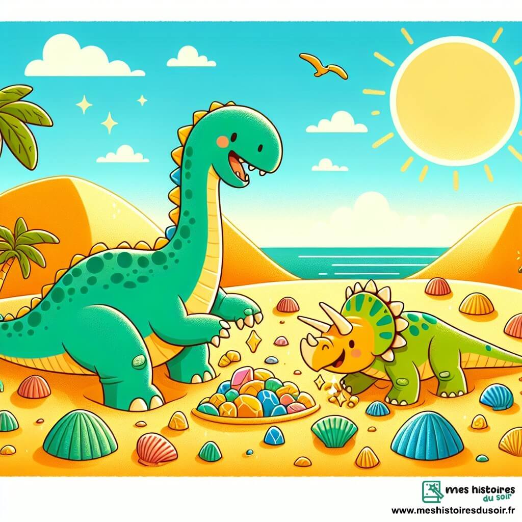 Une illustration sous forme de dessin destinée aux enfants représentant un vaste désert doré sous un ciel bleu éclatant, avec un grand diplodocus au long cou et à la peau verte, joyeusement en train de fouiller le sable à la recherche de trésors, tandis qu'un petit tricératops aux trois cornes et à la peau orange l'observe avec un sourire, entourés de coquillages colorés et d'une pierre brillante qui scintille sous le soleil couchant.