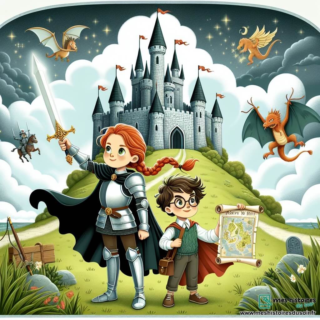 Une illustration sous forme de dessin destinée aux enfants représentant un majestueux château en pierre au sommet d'une colline verdoyante, avec une chevaleresse aux cheveux tressés et aux yeux brillants, brandissant fièrement son épée scintillante, prête à défendre son royaume contre une armée d'envahisseurs, tandis qu'un jeune garçon aux lunettes rondes, intelligent et curieux, se tient à ses côtés, tenant une carte et suggérant des stratégies, le tout sous un ciel orageux où l'on peut voir des créatures magiques volant autour d'eux, ajoutant une touche de mystère et de magie à cette scène héroïque.