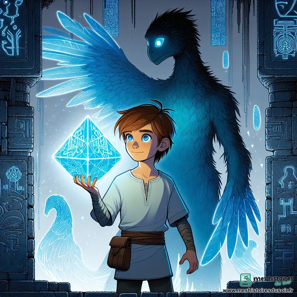 Une illustration sous forme de dessin destinée aux enfants représentant un temple ancien aux pierres sombres, orné de glyphes luminescents, où un garçon de 11 ans aux cheveux châtains et aux yeux brillants, vêtu d'une tunique simple, se tient avec détermination, tenant un cube de cristal éclatant dans sa main, tandis qu'à ses côtés, une créature mi-homme, mi-animal aux plumes bleu profond et aux ailes translucides, l'encourage avec un regard fier, alors qu'ils se préparent à affronter des ombres menaçantes qui s'approchent, symbolisant la lutte entre la lumière et les ténèbres dans un monde de science fantasy.