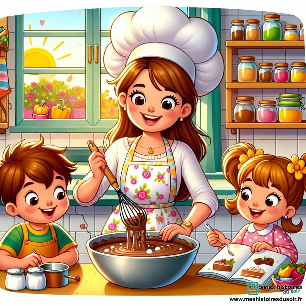 Une illustration sous forme de dessin destinée aux enfants représentant une cuisine lumineuse et colorée, avec des étagères remplies d'ingrédients éclatants, où une femme joyeuse, portant un grand chapeau de chef et un tablier à fleurs, mélange des ingrédients dans un grand bol, tandis qu'un garçon aux cheveux bruns et une petite fille aux couettes dorées, tous deux souriants et curieux, l'observent attentivement en tenant des ustensiles de cuisine, capturant l'instant magique de la préparation d'un gâteau au chocolat.