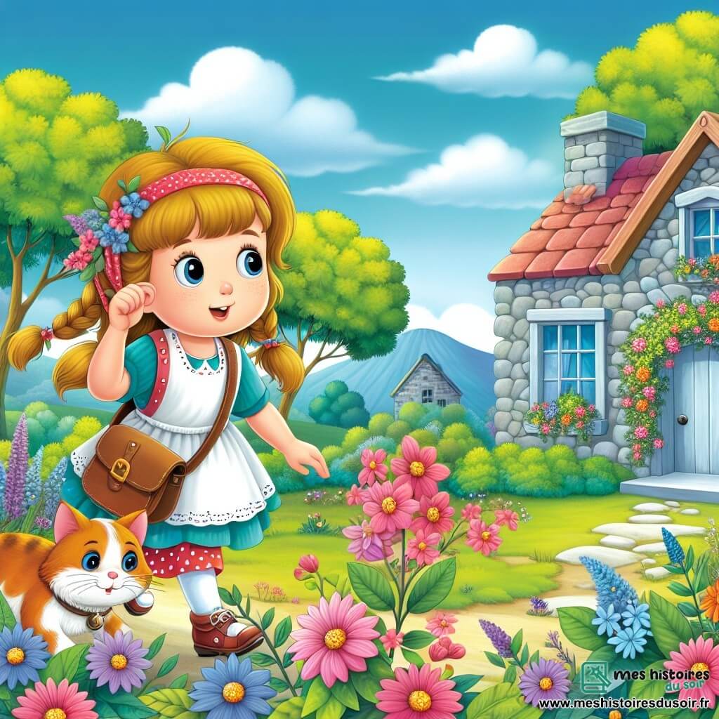 Une illustration destinée aux enfants représentant une fille curieuse explorant un village pittoresque à la recherche du mystère de la fête des pères, accompagnée de son chat espiègle, dans une maison en pierre ornée de fleurs colorées et baignée par une douce brise d'été à Campagneville.