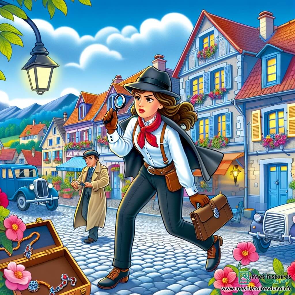 Une illustration destinée aux enfants représentant une femme détective audacieuse, résolvant un mystère entourant la disparition d'un collier précieux, avec l'aide d'un voisin mystérieux, dans la pittoresque ville de Saint-Clair, avec ses rues pavées, ses maisons colorées et ses fleurs en abondance.