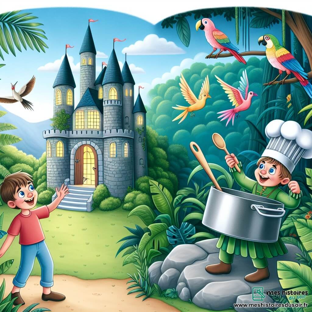 Une illustration destinée aux enfants représentant un garçon émerveillé par une maison transformée en un château médiéval, accompagné d'une poêle chantante, dans une jungle luxuriante aux oiseaux exotiques.