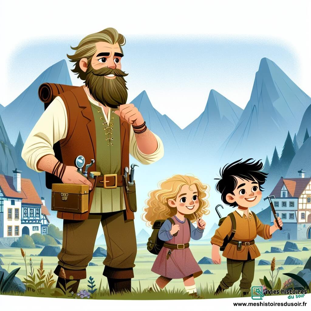 Une illustration destinée aux enfants représentant un archéologue barbu, passionné par les trésors anciens, accompagné d'une fillette aux boucles blondes et d'un garçon aux cheveux noirs ébouriffés, explorant un village pittoresque entouré de montagnes majestueuses.