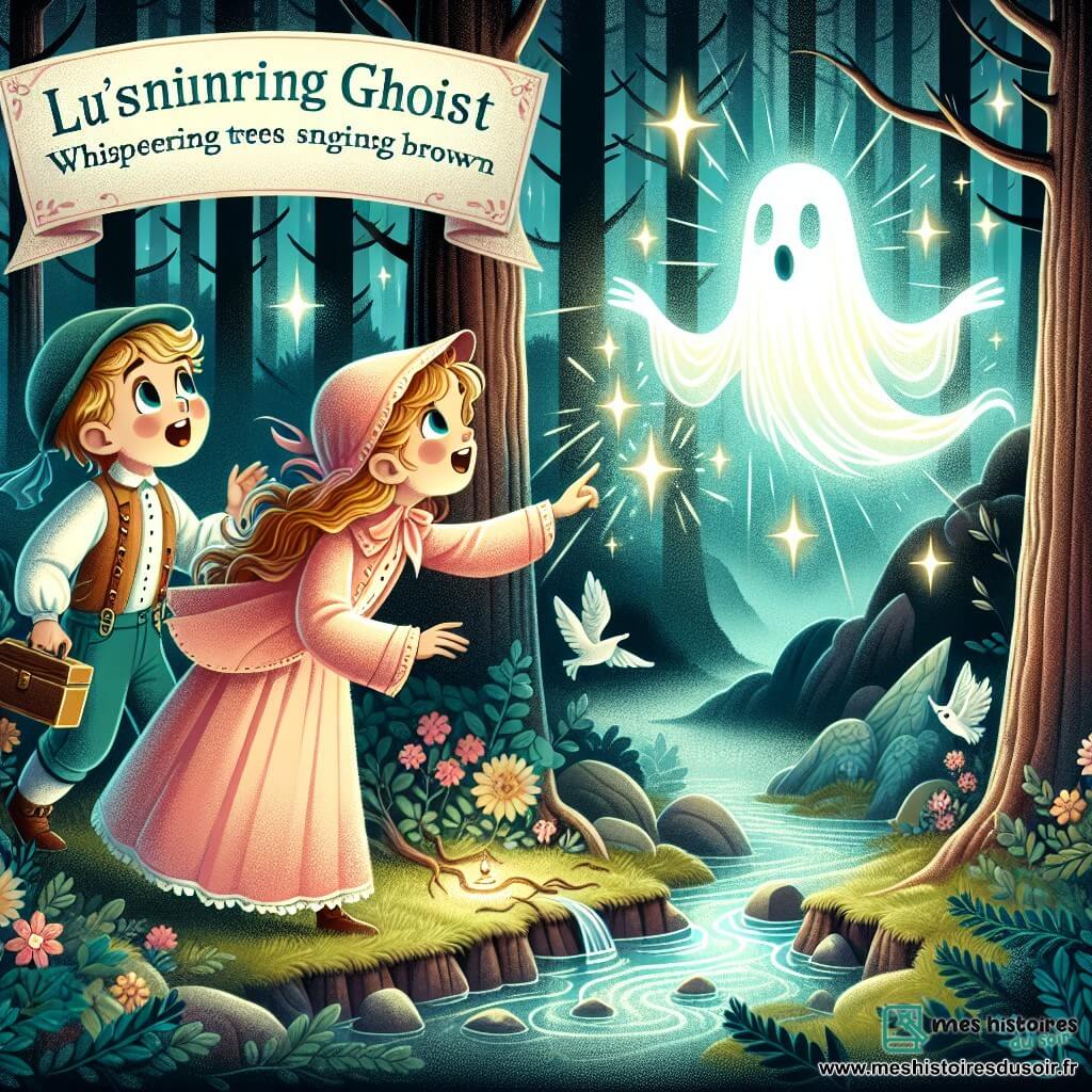 Une illustration destinée aux enfants représentant un fantôme lumineux, une fille et un garçon, découvrant un trésor dans la Forêt des Esprits, un lieu enchanteur avec des arbres murmurs et des ruisseaux chantants, où la brume enveloppe les mystères.