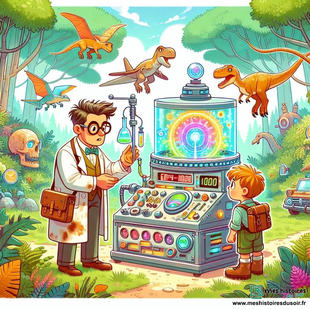 Une illustration sous forme de dessin destinée aux enfants représentant une forêt verdoyante et ensoleillée, où un homme aux cheveux ébouriffés et à la blouse tâchée, avec des lunettes carrées, est en train de manipuler une machine à voyager dans le temps pleine de boutons colorés et de lumières clignotantes, tandis qu'un petit garçon aux yeux pétillants et aux vêtements d'exploration s'approche avec curiosité, entourés de dinosaures majestueux et d'inventions farfelues éparpillées autour d'eux, illustrant l'excitation d'une aventure incroyable dans le passé.