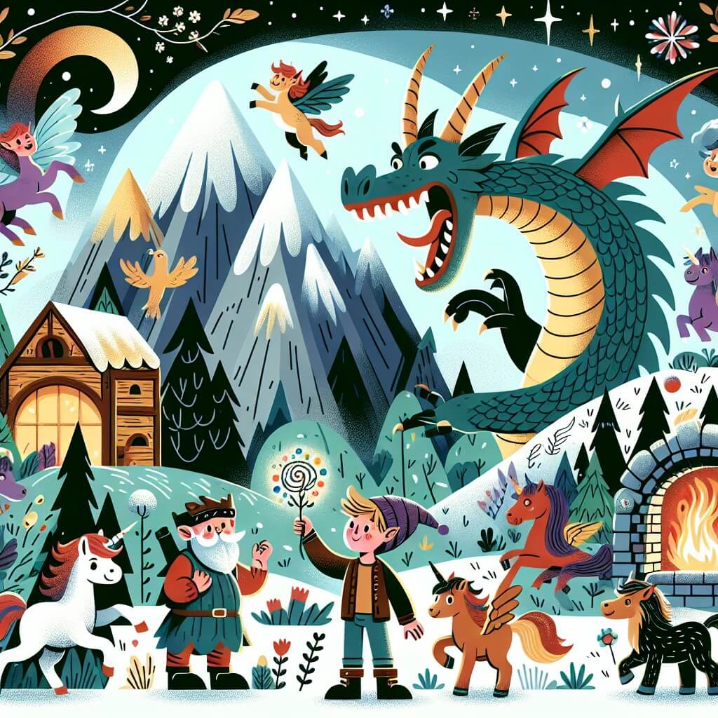 Une illustration destinée aux enfants représentant un dragon farceur et espiègle qui fait rire tout le monde, accompagné d'un jeune garçon curieux et plein d'imagination, dans un monde fantastique rempli de licornes dansantes, de lutins farceurs et de trolls pâtissiers, au milieu d'une forêt dense et mystérieuse avec une montagne enneigée qui abrite un dragon légendaire.