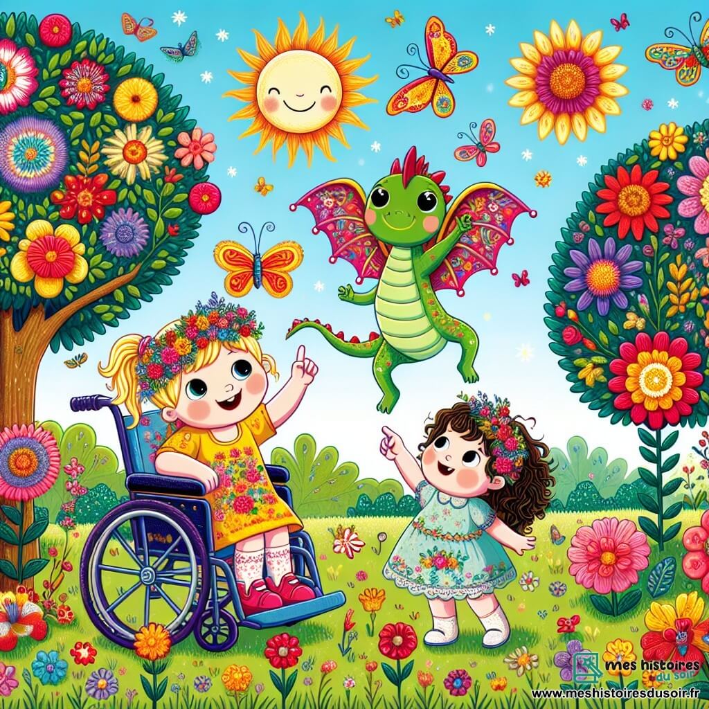 Illustration d'un jardin ensoleillé, rempli de fleurs colorées aux pétales rouges, jaunes et violets. Au centre, une petite fille de 7 ans, souriante, est assise dans un fauteuil roulant décoré de motifs floraux. À côté d'elle, une autre petite fille de 6 ans, aux cheveux bouclés et en robe légère, pointe un papillon jaune vif qui vole autour d'elles. Un petit dragon vert d'environ 1 mètre, avec de grands yeux ronds et un sourire amical, effectue des pirouettes dans les airs, ses ailes scintillantes capturant la lumière du soleil. La scène dégage une atmosphère joyeuse et magique, avec des rires flottant dans l'air et des papillons colorés dansant autour des fleurs. En arrière-plan, des arbres aux feuilles luxuriantes et un ciel bleu clair complètent ce tableau enchanteur.