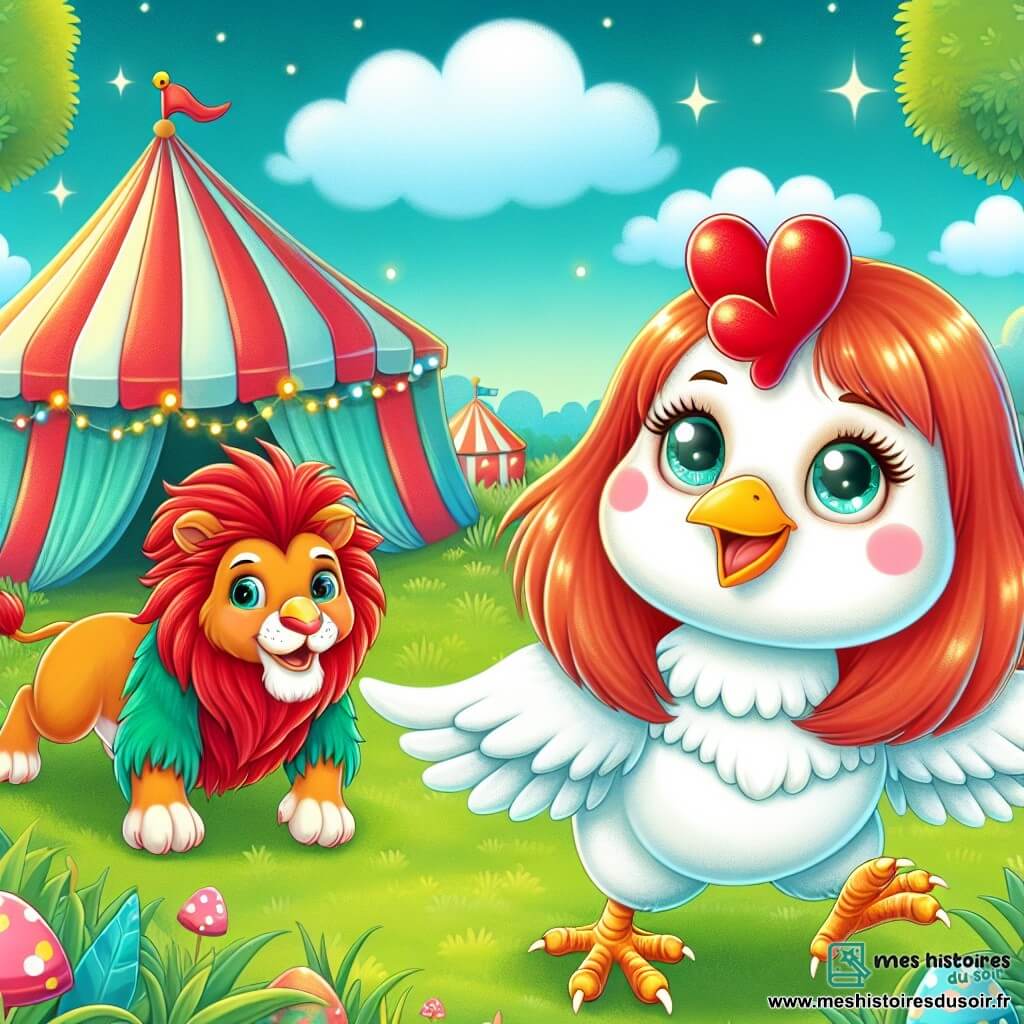 Une illustration destinée aux enfants représentant une jolie poule rouquine, une poule fille pleine de malice, découvrant un cirque coloré installé dans un champ verdoyant, en compagnie d'un lion majestueux, un lion garçon aux yeux pétillants.