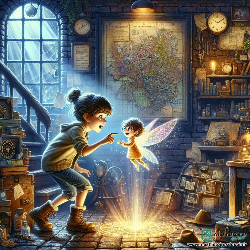 Illustration d'une scène magique dans un vieux bureau de détective abandonné, avec des murs en briques usées et des étagères chargées d'objets poussiéreux. Des rayons de lumière passent par une fenêtre cassée, illuminant une grande carte au mur, où des lignes serpentent vers des points mystérieux. Au centre, une fille de 9 ans, avec une frange sur ses yeux pétillants, porte un short en denim et des bottines usées. Elle se penche en avant, fascinée par un petit portail lumineux au milieu de la pièce, tendant la main pour le toucher, émerveillée. À ses côtés, un petit sprite aux ailes translucides, à peine plus grand qu'un chat, avec des cheveux en désordre et un sourire espiègle, l'encourage en flottant dans les airs. La scène montre la fille prête à entrer dans un monde fantastique, captivée par la magie du portail, tandis que le sprite l'invite à l'aventure. Des objets anciens comme des chapeaux démodés et une machine à écrire rouillée ajoutent à l'atmosphère de mystère et de curiosité, remplie de couleurs vives et de détails enchanteurs.