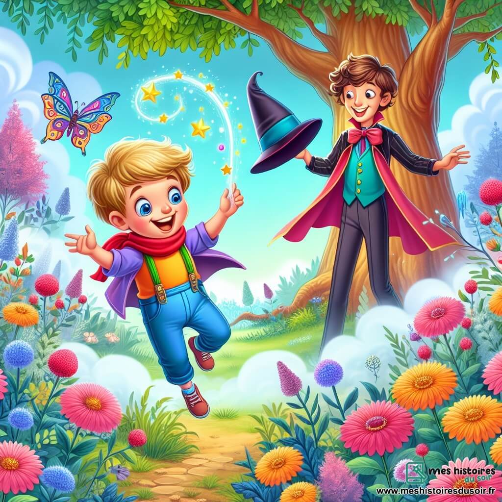 Une illustration destinée aux enfants représentant un garçon curieux et plein d'entrain, confronté à un défi loufoque avec l'aide d'un magicien joyeux, dans un jardin enchanté aux fleurs colorées et au chêne majestueux.