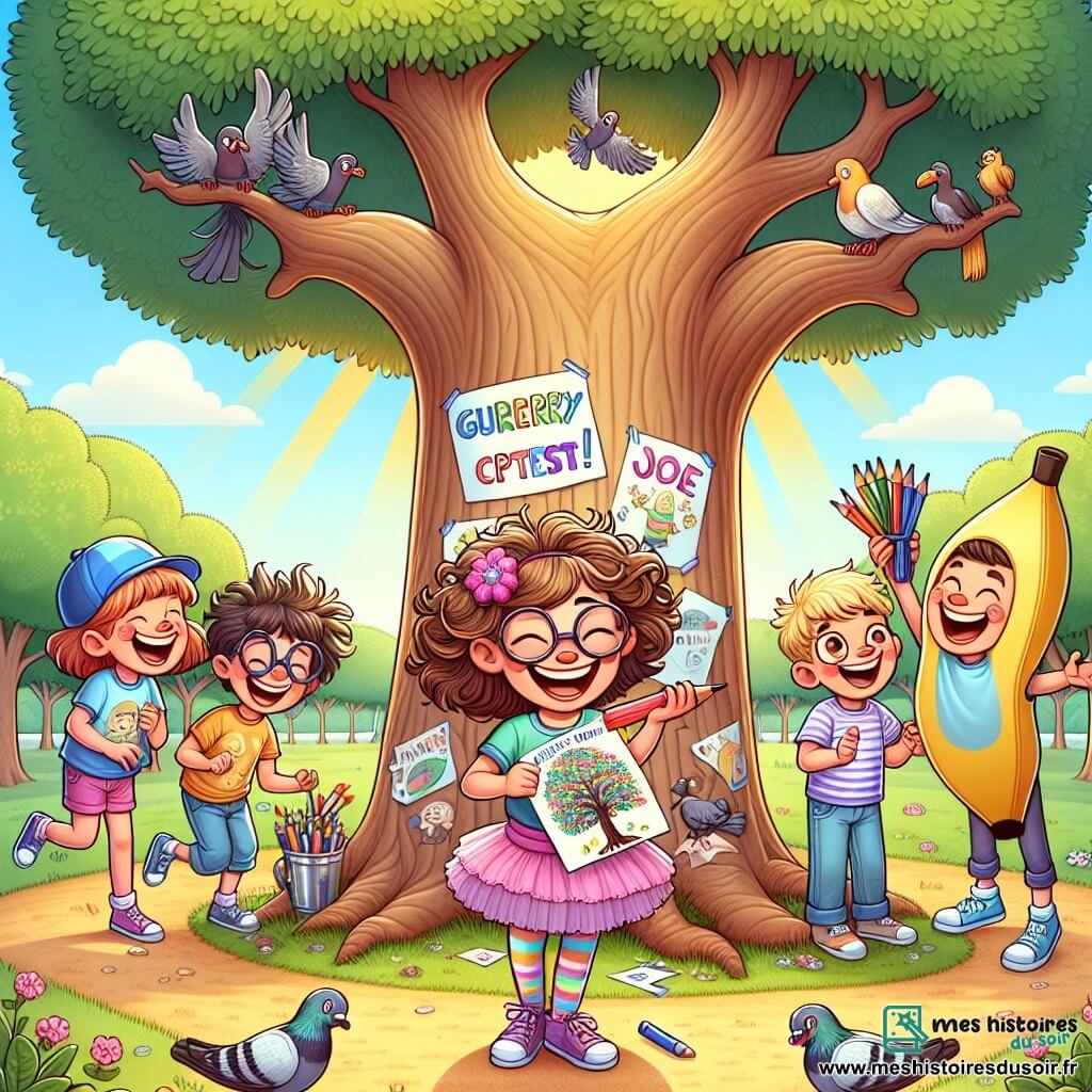 Une illustration sous forme de dessin destinée aux enfants représentant un grand chêne majestueux au centre d'un parc ensoleillé, avec une fille de 11 ans aux cheveux bruns en bataille, portant un t-shirt coloré et un tutu rose, riant aux éclats tout en tenant une affiche décorée de dessins de blagues, entourée de trois amis : un garçon aux lunettes et à la casquette, un autre garçon avec une perruque en poils de banane, et une fille aux cheveux en pétard tenant des crayons de couleur, tous en train de préparer un concours de blagues hilarantes, tandis qu'un groupe de pigeons curieux s'invite à la fête, ajoutant une touche de folie à cette joyeuse scène.