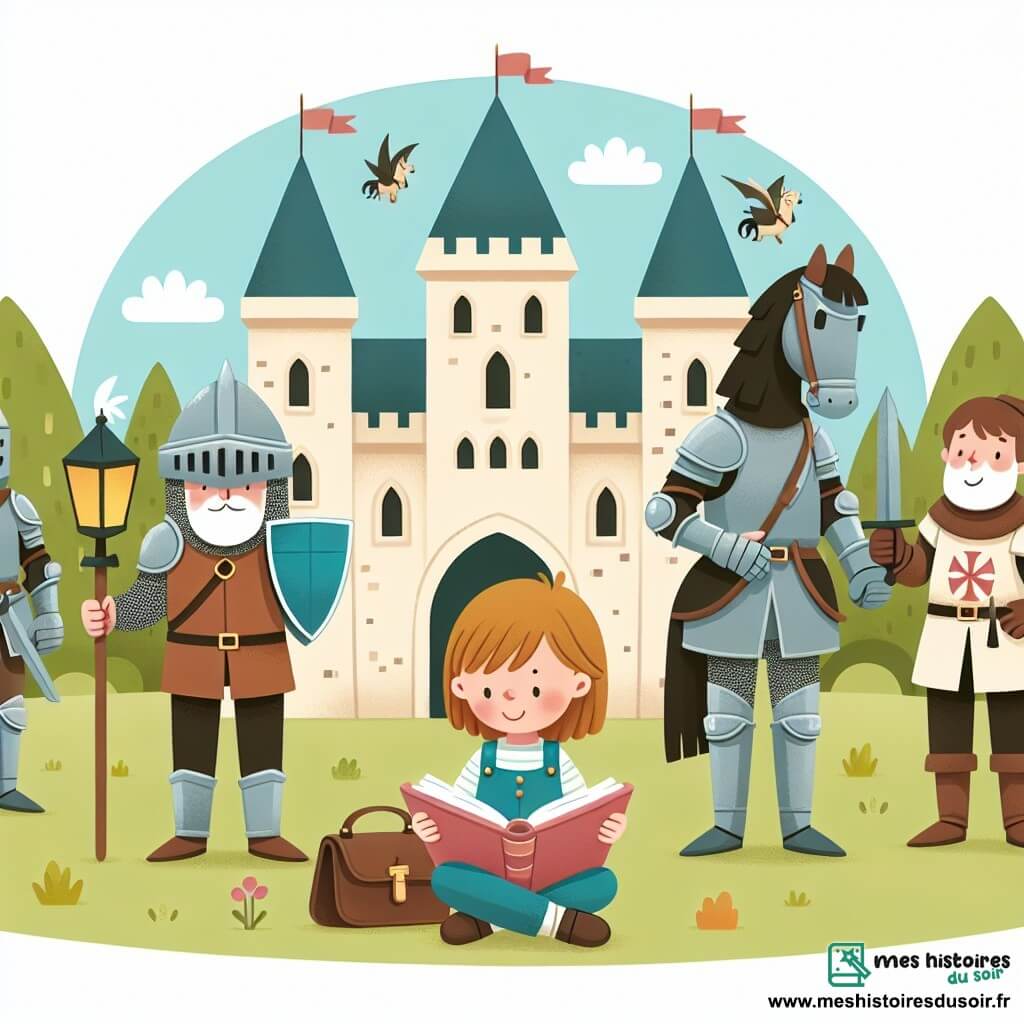 Une illustration destinée aux enfants représentant une fillette, plongée dans une aventure temporelle, accompagnée d'un écuyer au cœur d'un château médiéval entouré de chevaliers en armure brillante.