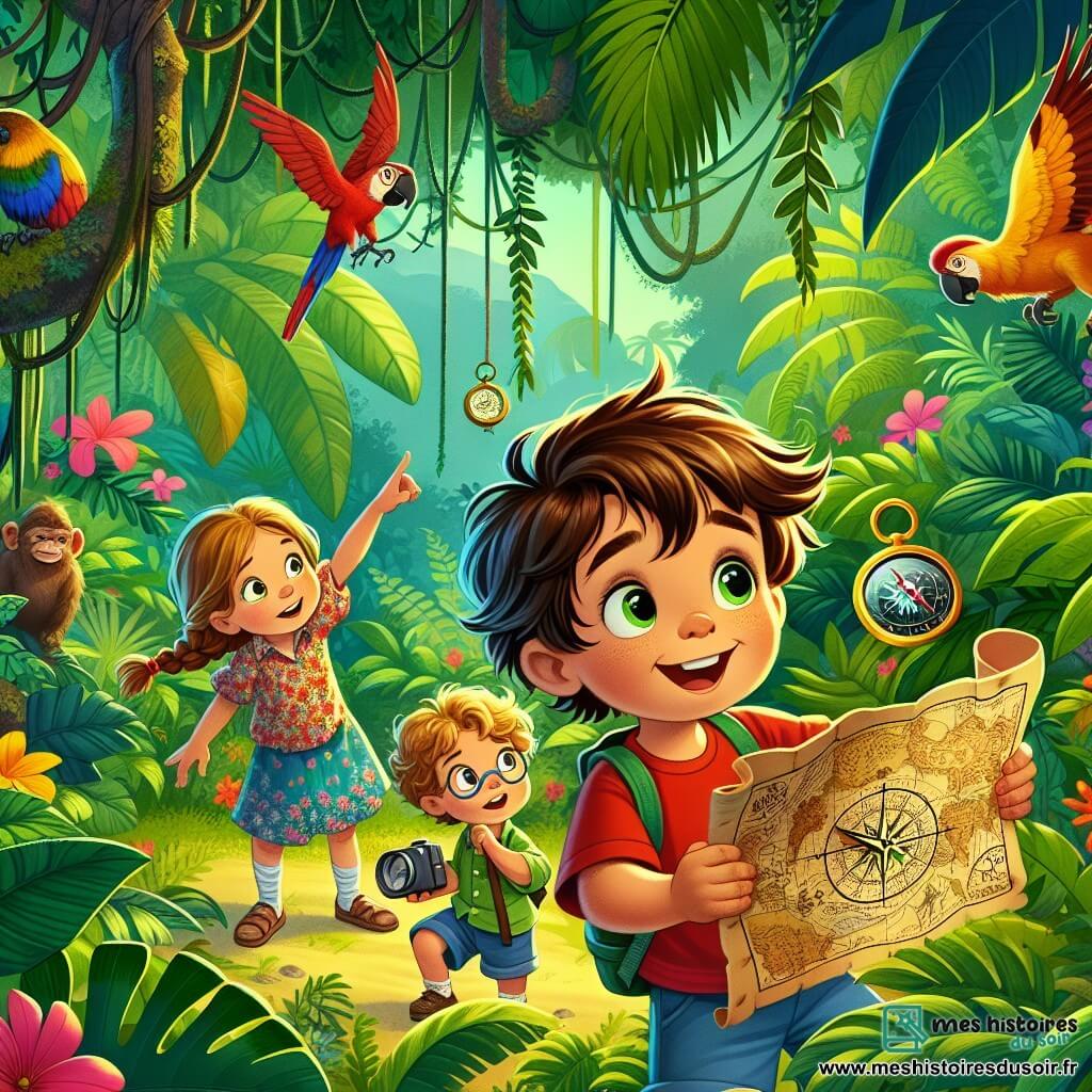 Illustration d'une jungle luxuriante et colorée, avec de grandes feuilles vertes, des lianes et des fleurs éclatantes. Au centre, un petit garçon de 3 ans, cheveux bruns en bataille et yeux curieux, porte un t-shirt rouge et un short bleu, tenant une vieille carte au trésor. À ses côtés, une fille de 4 ans aux cheveux blonds tressés en robe à fleurs, souriante et pointant une direction, et un garçon de 5 ans avec des lunettes, examinant une boussole. Les enfants explorent la jungle, entourés d'animaux exotiques comme des perroquets et un singe, ajoutant une touche d'aventure à cette scène magique.