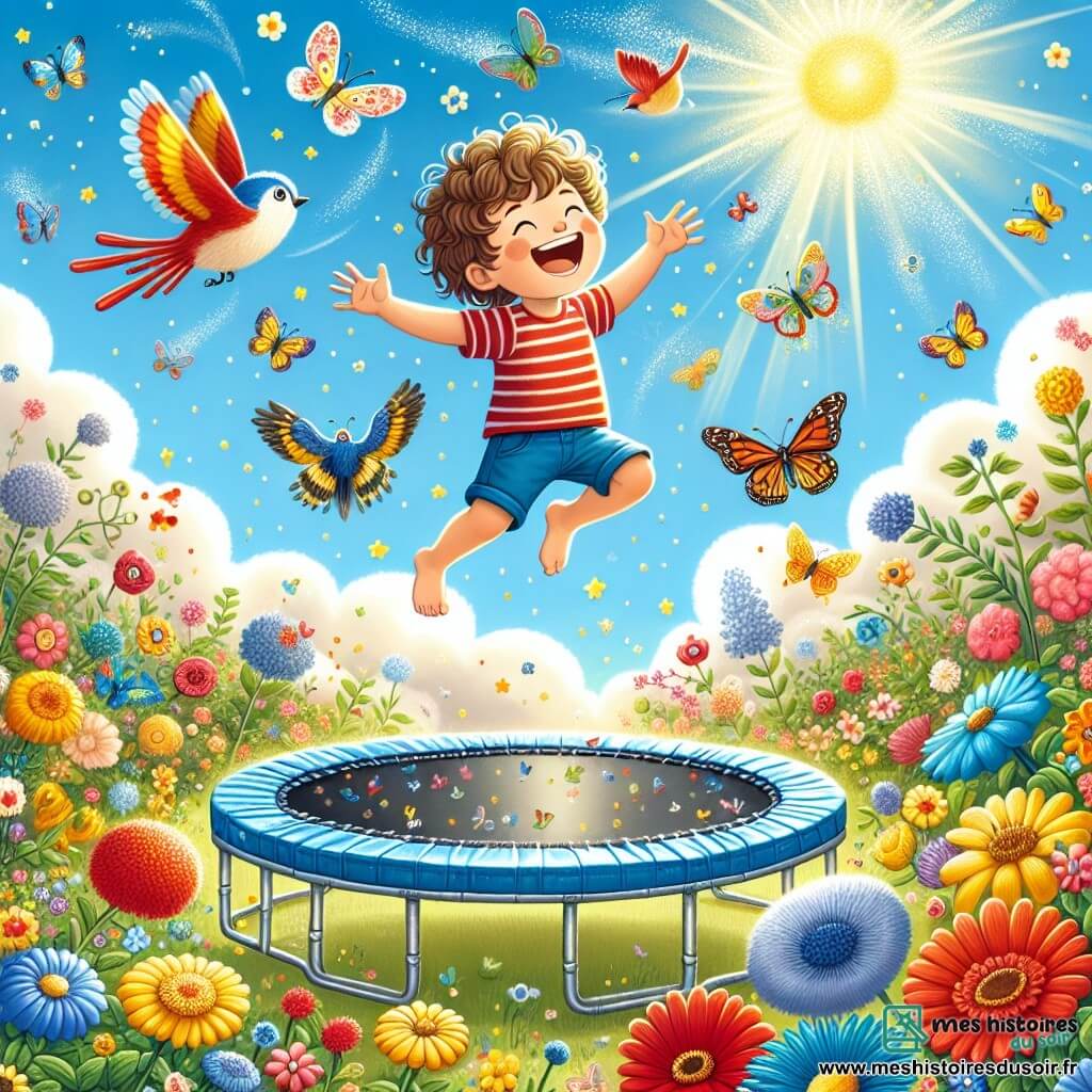 Illustration d'un jardin ensoleillé, rempli de fleurs colorées et de papillons. Au centre, un petit garçon de 3 ans, aux cheveux châtains et bouclés, sourit en sautant sur un trampoline brillant. Il porte un t-shirt rouge à rayures et un short bleu. À proximité, des oiseaux colorés volent autour de lui en chantant. L'ambiance est festive et magique, avec des nuages moelleux dans le ciel bleu clair. Le garçon, en sautant, semble s'élever vers les nuages, les bras écartés, comme s'il allait voler, tandis que des éclats de lumière scintillent autour de lui.