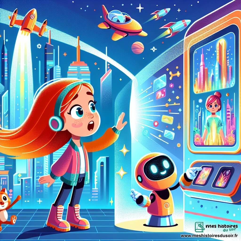 Une illustration sous forme de dessin destinée aux enfants représentant une ville futuriste éclatante, avec des gratte-ciels scintillants et des véhicules volants dans un ciel bleu, où une fille de 11 ans aux cheveux roux flamboyants, vêtue d'une tenue colorée et moderne, explore avec émerveillement un kiosque holographique, tandis qu'un robot amical aux formes arrondies lui montre des images lumineuses, le tout baigné dans une ambiance joyeuse et technologique, symbolisant l'aventure et la découverte.