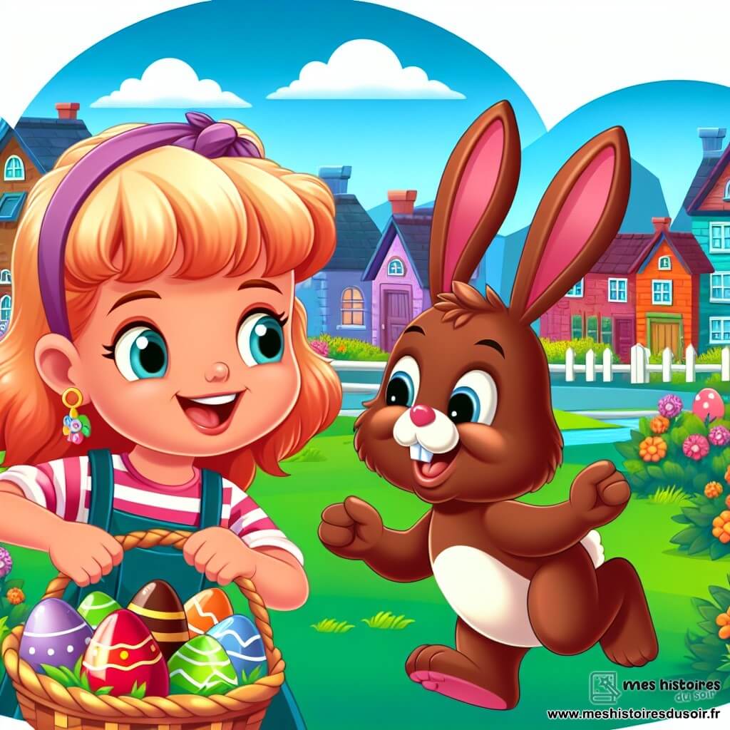 Une illustration destinée aux enfants représentant une fillette joyeuse participant à une chasse aux œufs de Pâques avec un lapin en chocolat farceur, dans un village coloré et animé de Joyeuxbourg.