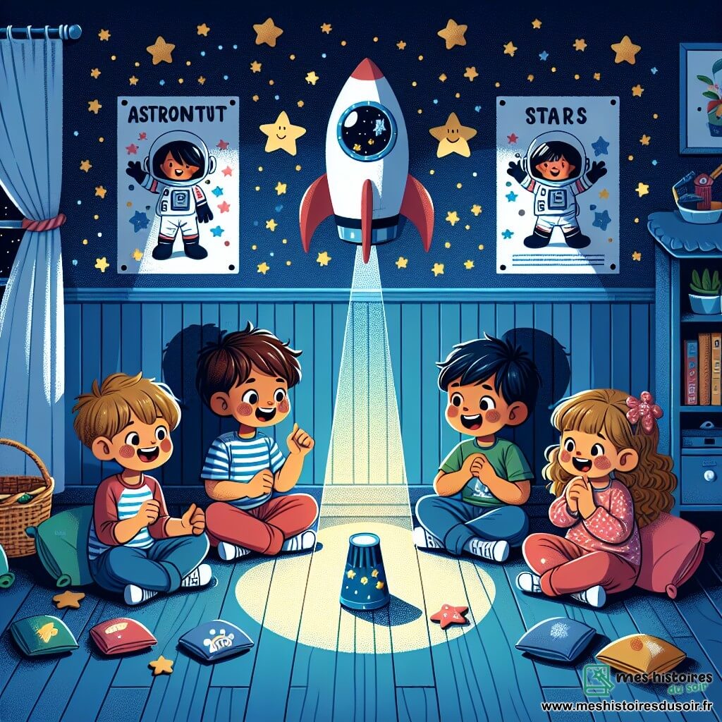 Une illustration sous forme de dessin destinée aux enfants représentant une chambre d'enfant aux murs peints en bleu nuit, ornée de posters d'astronautes et d'étoiles brillantes, où un groupe de quatre enfants de sept ans, deux garçons aux cheveux châtains et un garçon aux cheveux blonds, ainsi qu'une petite fille aux cheveux bouclés, sont assis en cercle sur des sacs de couchage colorés, riant et créant des ombres chinoises avec une lampe de poche, tandis qu'une veilleuse en forme de fusée projette des étoiles scintillantes sur le plafond, illustrant leur aventure joyeuse pour surmonter la peur du noir.