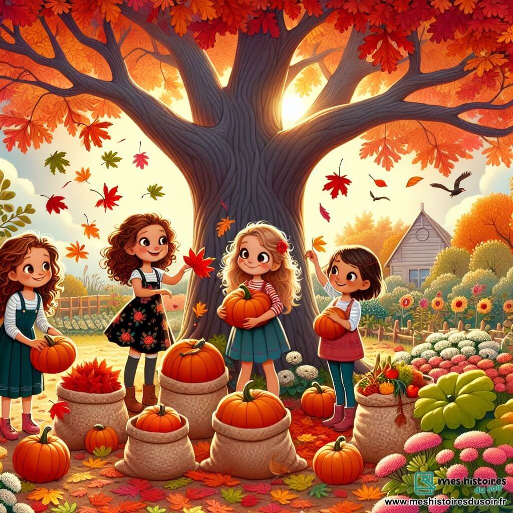 Illustration d'un jardin automnal aux feuilles vives : rouges, oranges et jaunes, tombant des arbres. Au centre, un grand chêne majestueux entouré de petites fleurs et d'un potager avec des citrouilles rondes. Quatre filles de 8 à 10 ans sont réunies. L'une, cheveux bouclés et sourire éclatant, ramasse une feuille rouge. Une autre, aux cheveux bruns, observe les feuilles avec curiosité. La troisième, cheveux blonds et rêveuse, tient une citrouille orange, tandis que la dernière, avec des cheveux courts et espiègle, montre une feuille jaune à ses amies. Elles sont entourées de sacs en toile remplis de trésors d'automne : feuilles colorées, pommes rouges et citrouilles. En arrière-plan, le soleil couchant projette une lumière dorée, créant une atmosphère chaleureuse. Des oiseaux volent dans le ciel, ajoutant de la vie à ce moment magique d'amitié et de découverte.