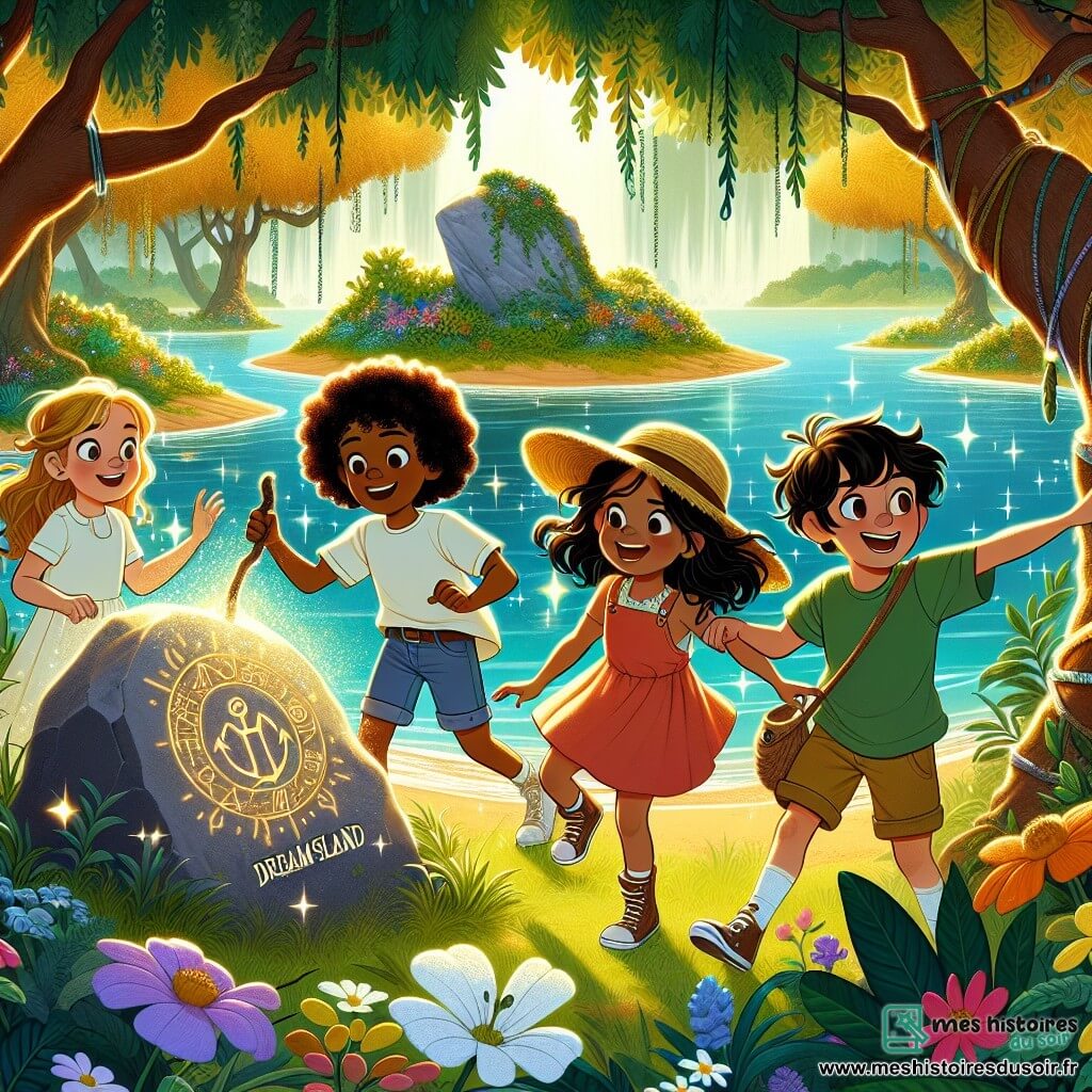 Illustration d'une clairière enchantée au bord d'un lac scintillant, entourée d'arbres majestueux aux feuilles dorées et vertes, avec des fleurs colorées dansant au gré du vent. Au centre, quatre enfants : une fille brune d'environ 10 ans en robe rose et chapeau de paille, souriante avec une carte au trésor ; une fille blonde bouclée d'environ 9 ans en t-shirt bleu et shorts, pointant une grande pierre ornée de symboles mystérieux ; un garçon châtain d'environ 10 ans en t-shirt vert et short, déterminé avec une branche ; et une fille noire d'environ 9 ans en robe jaune, riant en regardant ses amis. Ils découvrent le trésor de l'Île des Rêves, avec des éclats de lumière de la pierre illuminant leurs visages émerveillés. En arrière-plan, des oiseaux colorés volent dans le ciel bleu, ajoutant une touche de magie à cette scène d'aventure.