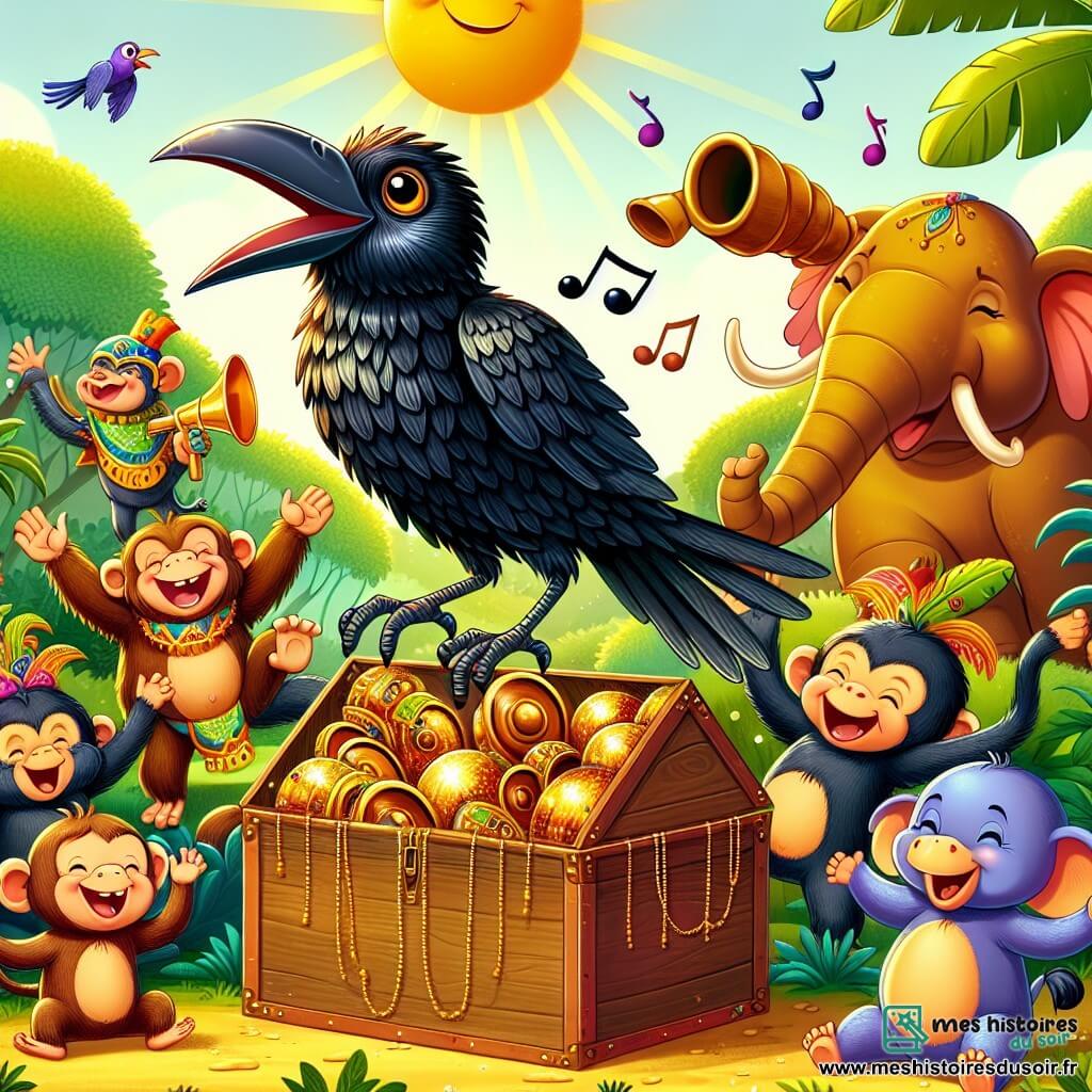 Une illustration sous forme de dessin destinée aux enfants représentant une jungle ensoleillée et colorée, où un corbeau à plumage noir brillant et aux yeux malicieux danse joyeusement sur une scène improvisée, entouré de divers animaux comme des singes aux pelages dorés riant aux éclats et des éléphants aux grandes oreilles applaudissant, tandis qu'une grande boîte en bois remplie d'instruments de musique scintille à ses pieds, capturant l'esprit de camaraderie et de fête qui émane de cette célébration musicale improvisée.