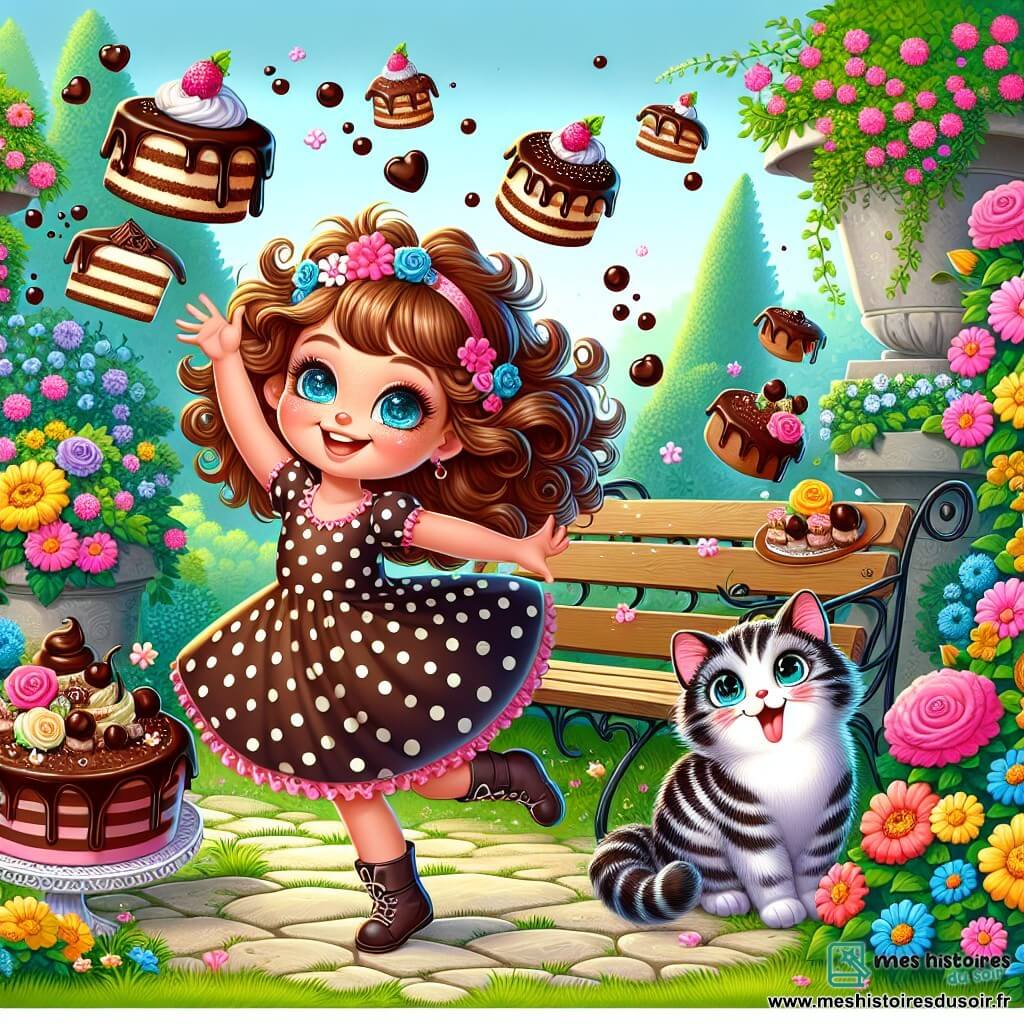 Une illustration sous forme de dessin destinée aux enfants représentant un jardin enchanté rempli de fleurs colorées et de gâteaux au chocolat dansants, où une petite fille de 7 ans aux cheveux bouclés et aux yeux pétillants, vêtue d'une robe à pois, court en riant après des gâteaux animés qui s'échappent, tandis qu'un chat tigré aux yeux malicieux, assis sur un banc, regarde la scène avec un air amusé, le tout baigné dans une lumière douce et magique, évoquant une ambiance de fantasy humoristique.