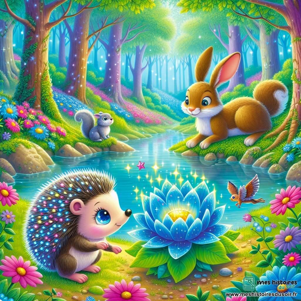Une illustration sous forme de dessin destinée aux enfants représentant une forêt enchantée aux couleurs vives, avec un petit hérisson aux piquants brillants et aux yeux pétillants, s'approchant d'une magnifique fleur bleue flottant au centre d'un étang cristallin, tandis qu'une lapine aux grandes oreilles et un écureuil malicieux l'observent avec curiosité, tous trois entourés de fleurs éclatantes et d'arbres majestueux, capturant l'instant magique où le hérisson formule un vœu pour avoir des amis avec qui explorer.