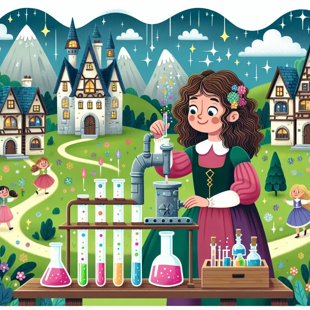 Une illustration destinée aux enfants représentant une femme aux cheveux bouclés, vêtue d'une blouse colorée, qui invente une machine magique dans son laboratoire secret rempli de fioles multicolores et d'outils étincelants, dans un village enchanteur entouré de collines verdoyantes et de maisons aux toits pointus, où les enfants s'amusent joyeusement.