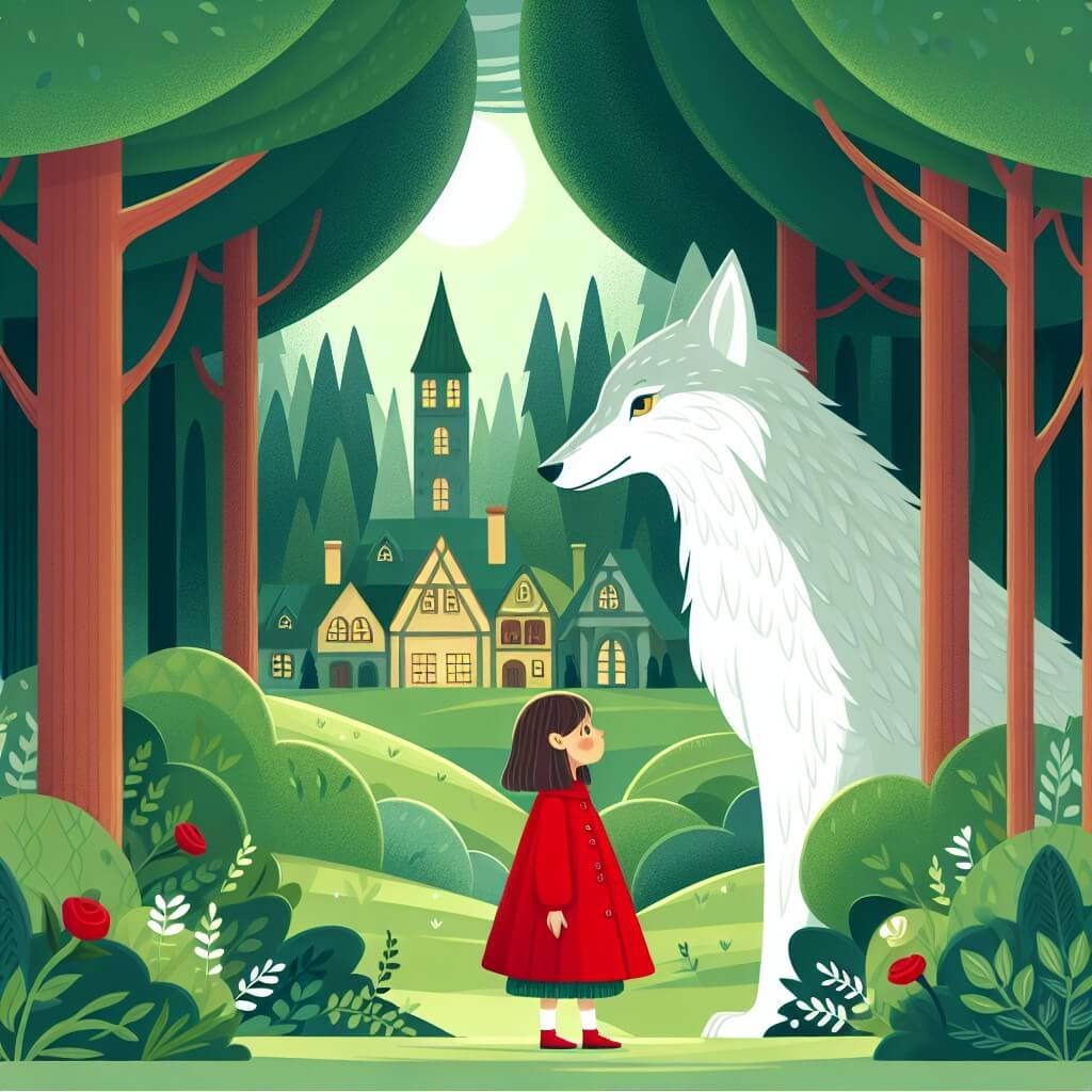 Une illustration destinée aux enfants représentant une jeune fille vêtue d'un manteau rouge vif, se tenant debout devant un imposant loup aux yeux bienveillants, dans un village enchanteur situé au cœur d'une forêt verdoyante.
