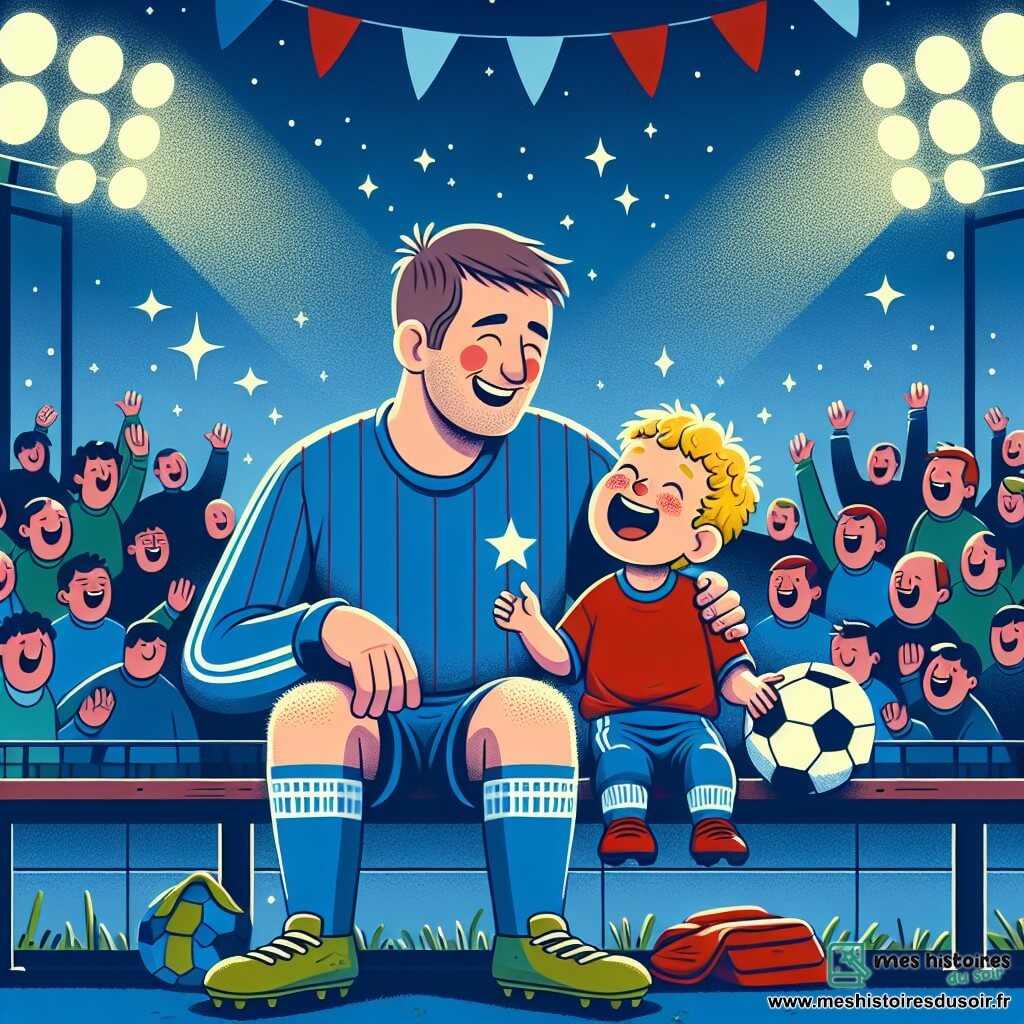 Une illustration sous forme de dessin destinée aux enfants représentant un grand stade de football vibrant sous les lumières, avec un homme souriant aux cheveux bruns et courts, portant un maillot de foot bleu, assis sur un banc, riant joyeusement avec un petit garçon aux cheveux blonds et bouclés, vêtu d'un t-shirt rouge, qui tient un ballon de football, illustrant leur moment de complicité après un match perdu, entourés de spectateurs applaudissant en arrière-plan, avec des drapeaux flottants et un ciel crépusculaire.
