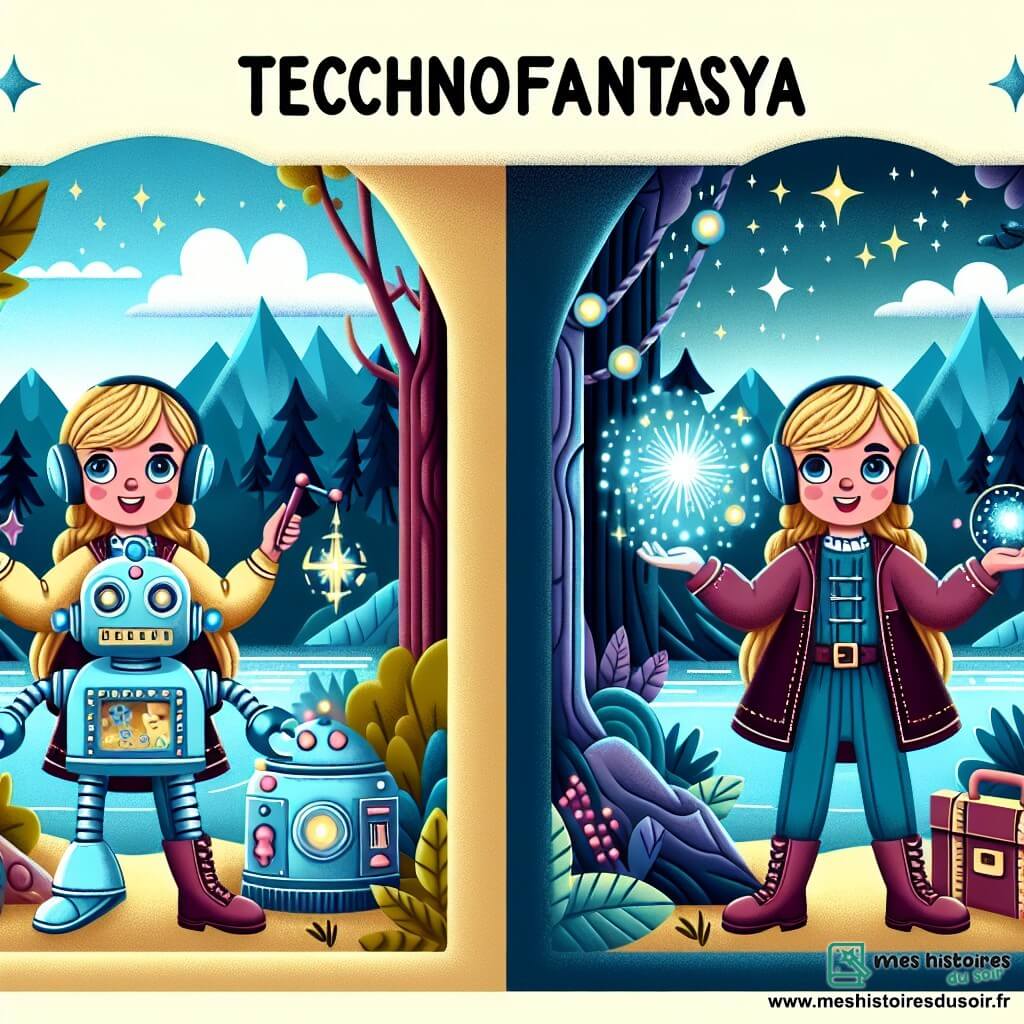 Une illustration destinée aux enfants représentant une jeune fille curieuse et pleine de vie, faisant équipe avec un robot magique brillant et scintillant, dans un royaume lointain nommé Technofantasya, entouré de forêts mystérieuses et de montagnes escarpées.