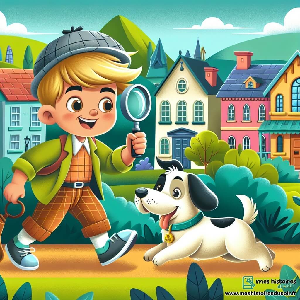 Une illustration destinée aux enfants représentant un jeune garçon plein de curiosité et d'énergie, se lançant dans une enquête palpitante avec l'aide de son fidèle chien détective, à la recherche d'un mystère dans une petite ville pittoresque avec des maisons colorées et un parc verdoyant.