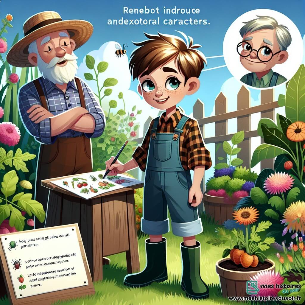 Une illustration sous forme de dessin destinée aux enfants représentant un jardin luxuriant, rempli de légumes colorés et de fleurs éclatantes, où un garçon de 12 ans aux cheveux châtains et aux yeux pétillants, vêtu d'une chemise à carreaux et de bottes en caoutchouc, est en train de dessiner un panneau d'informations sur les plantes et les insectes, tandis que son grand-père, un homme âgé avec une barbe grise et un chapeau de paille, l'observe avec un sourire bienveillant, symbolisant l'importance de l'écologie et de la transmission des connaissances entre générations.