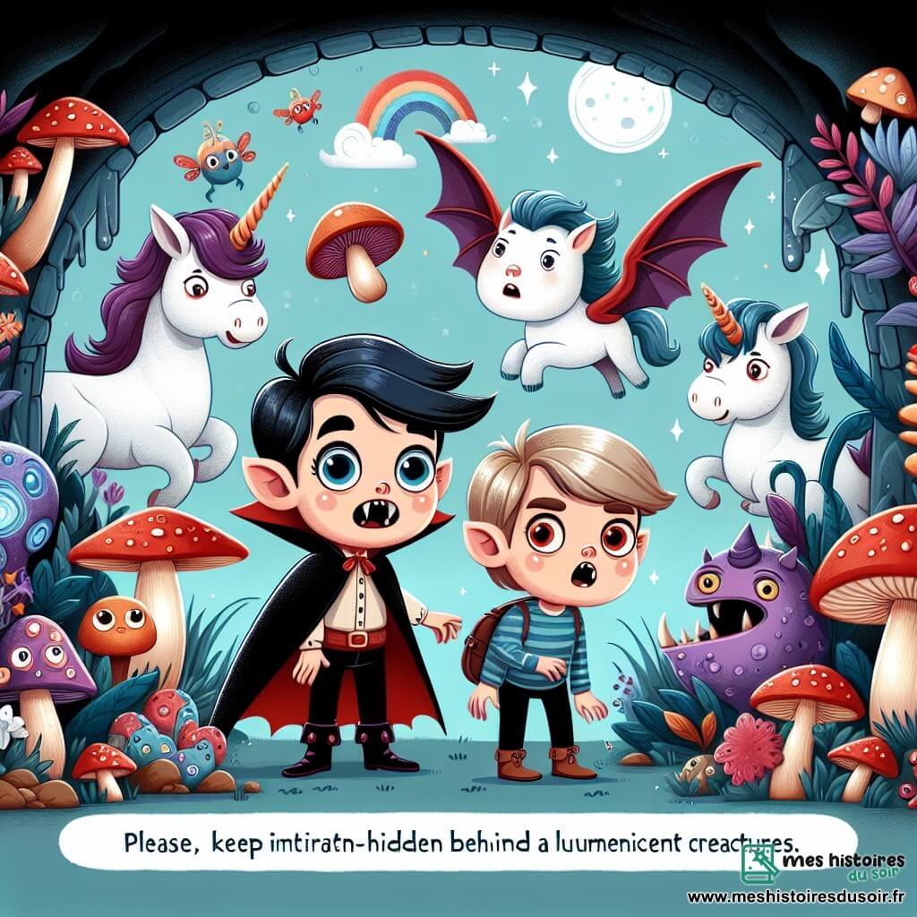 Une illustration destinée aux enfants représentant un vampire rigolo (garçon) et un garçon curieux découvrant un monde fantastique peuplé de créatures étranges, avec des champignons luminescents et des licornes majestueuses, caché derrière une grotte mystérieuse.