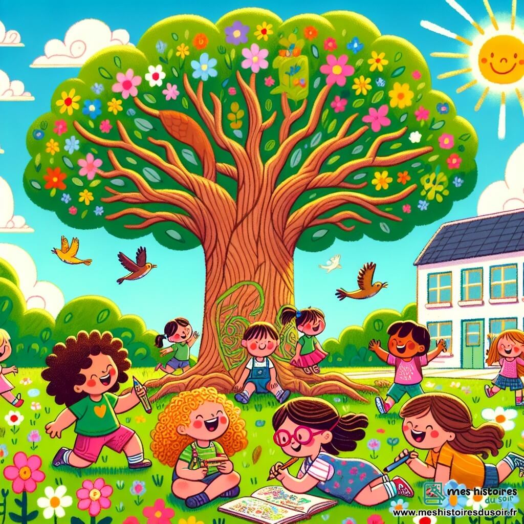 Illustration destinée aux enfants représentant un grand arbre majestueux au centre d'une cour d'école ensoleillée, entouré de fleurs colorées et de rires d'enfants. Un groupe de trois filles, âgées d'environ 7 ans, est assis sur une branche basse de l'arbre : la première fille a des cheveux bouclés et porte une robe rose, elle rit joyeusement ; la deuxième fille, aux lunettes roses, dessine sur un carnet avec un crayon de couleur ; la troisième fille, aventurière, a des cheveux longs et porte un t-shirt vert, elle regarde le ciel avec émerveillement. En bas, d'autres enfants jouent à la balle, ajoutant une ambiance joyeuse et dynamique à la scène. Le ciel est bleu avec quelques nuages blancs, et des oiseaux volent au-dessus, symbolisant la liberté et l'amitié.