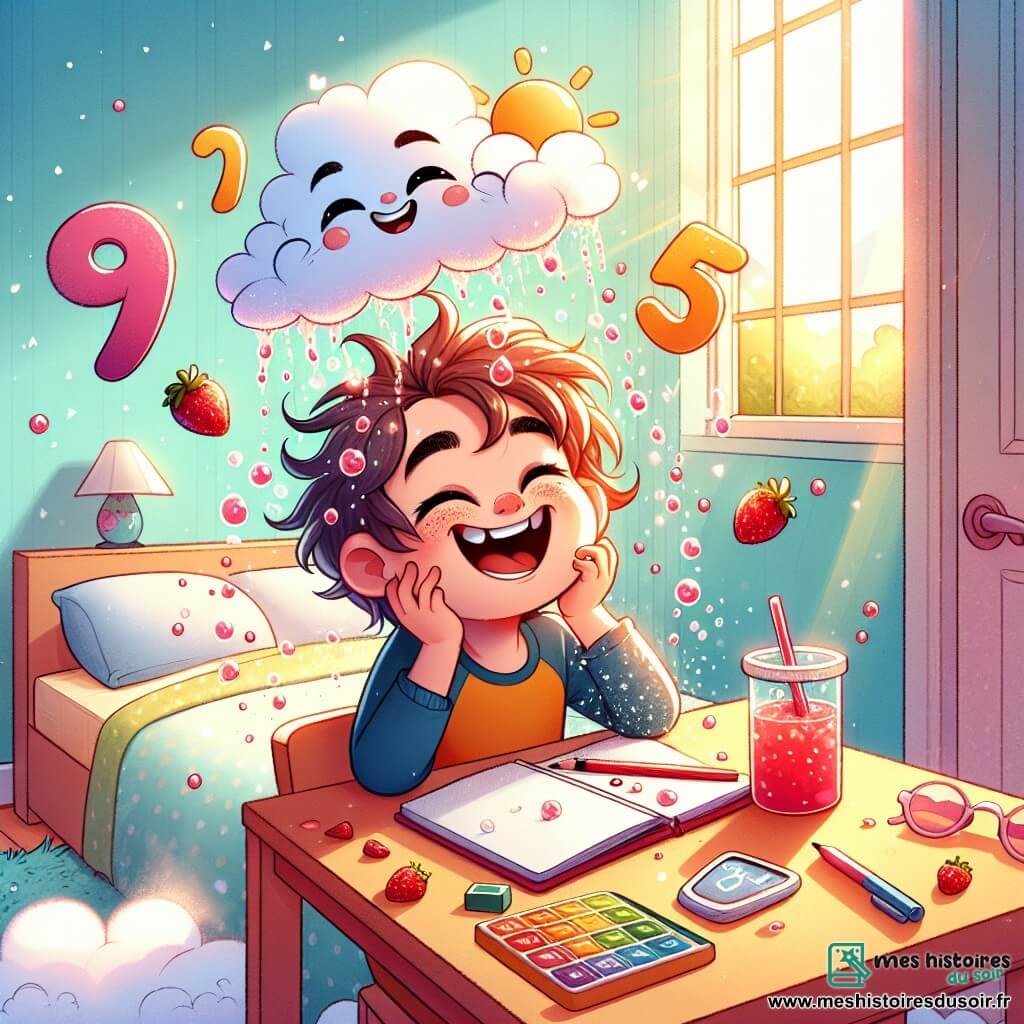 Une illustration sous forme de dessin destinée aux enfants représentant une chambre colorée et ensoleillée, avec un garçon de 7 ans aux cheveux en bataille et aux yeux pétillants, riant aux éclats alors qu'il est assis à son bureau, entouré d'un nuage farceur, petit et moelleux, qui danse joyeusement au-dessus de son cahier en déversant des gouttes de jus de fraise, tandis que des chiffres animés prennent vie autour d'eux, créant une atmosphère ludique et magique, parfaite pour une histoire drôle avant de dormir.