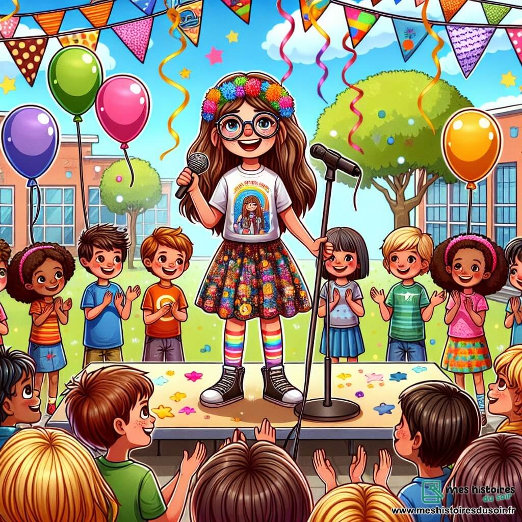 Illustration d'une cour d'école animée, pleine de couleurs vives et de décorations festives. Des ballons multicolores flottent, et des banderoles en papier crépon dansent au vent. Au centre, une fille de 11 ans, avec de longs cheveux bruns et des lunettes rondes, porte un t-shirt avec une image de scientifique célèbre et une jupe colorée. Elle se tient sur une petite scène improvisée, un micro à la main, souriante, prête à partager son message sur l'égalité des genres. Autour d'elle, des camarades de classe, garçons et filles de 10 à 12 ans, l'écoutent attentivement. Un garçon blond, vêtu d'un t-shirt de super-héros, lève la main, tandis qu'une fille aux cheveux frisés, en robe à fleurs, applaudit. La scène montre la fille sur scène, s'adressant à des camarades engagés et intéressés. Des affiches sur l'égalité des genres décorent les murs, et des enfants participent à des activités variées, créant une atmosphère de joie et de solidarité.