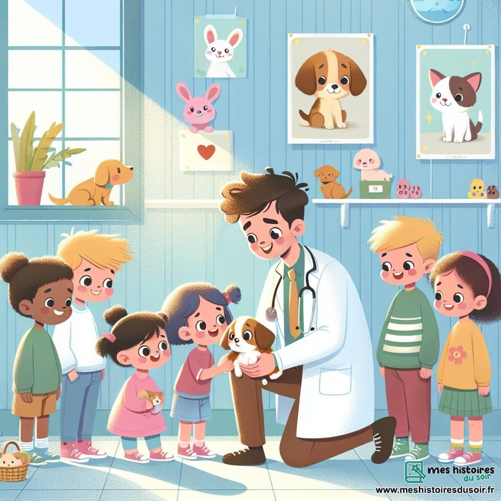 Illustration destinée aux enfants représentant un vétérinaire dans son cabinet chaleureux, aux murs peints en bleu pastel, décoré de photos d'animaux et de peluches colorées. L'homme, d'une trentaine d'années, porte une blouse blanche, a des cheveux bruns légèrement bouclés et un sourire bienveillant, tandis qu'il s'agenouille pour examiner un petit chiot aux yeux brillants, tremblant de peur. Autour de lui, un groupe d'enfants, trois filles et deux garçons, aux visages émerveillés, aux cheveux variés et aux vêtements colorés, regardent avec curiosité et enthousiasme, certains tenant des friandises pour animaux. La scène capture l'instant où le vétérinaire rassure le chiot, entouré d'une ambiance joyeuse et d'une lumière douce filtrant par la fenêtre, symbolisant l'amour et la compassion pour les animaux.