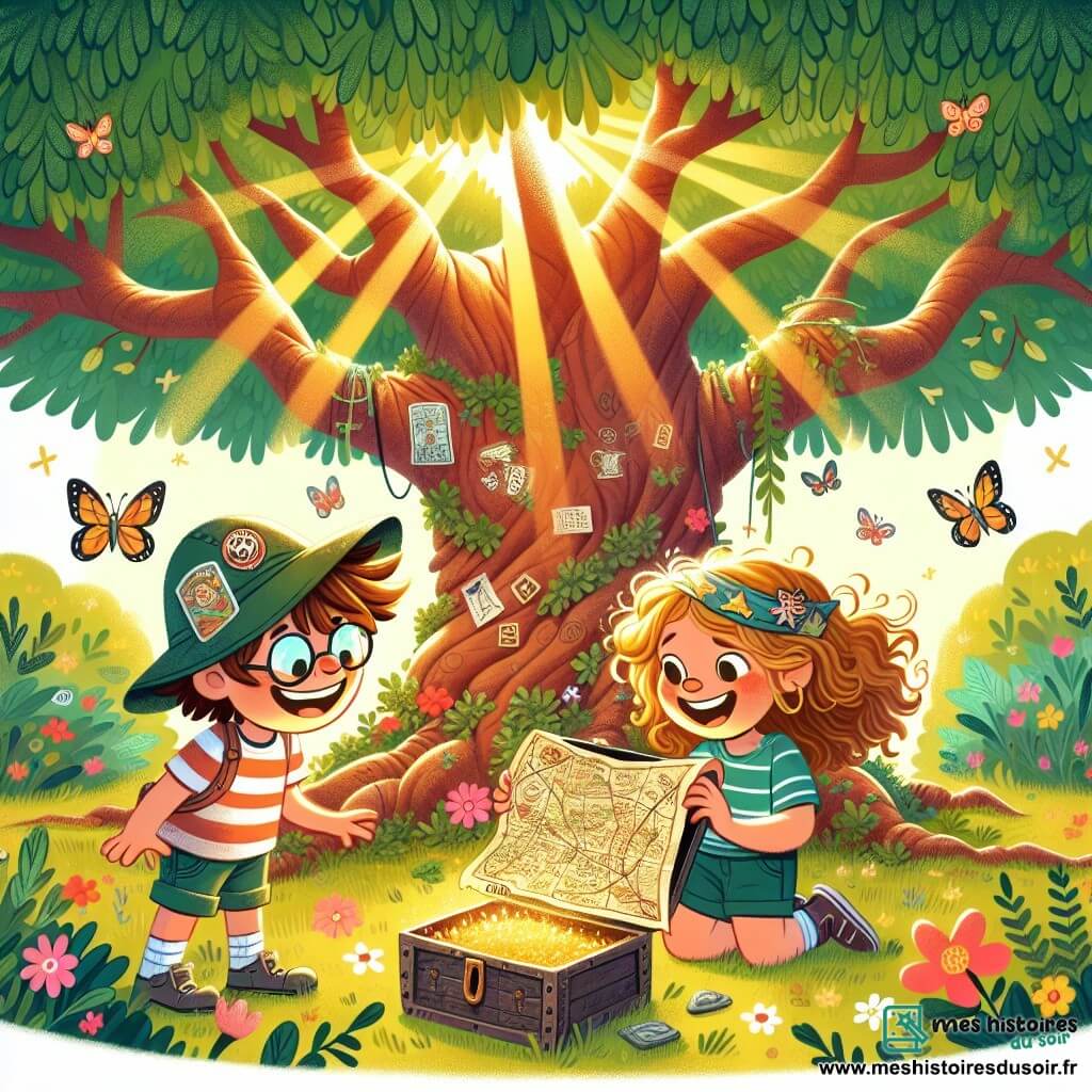 Illustration d'un parc ensoleillé avec un grand chêne séculaire aux branches majestueuses, ses feuilles vertes dansant au vent. Au sol, des fleurs colorées et des papillons créent une atmosphère joyeuse. Au premier plan, une petite fille de 9 ans, avec des cheveux bouclés et dorés, porte un chapeau d'exploratrice décoré de petits autocollants. Elle examine avec excitation une carte au trésor jaunie. À ses côtés, un garçon espiègle d'environ 10 ans, avec des lunettes rondes et des cheveux bruns en bataille, observe la carte avec curiosité. La scène montre les deux amis en exploration, entourés de trésors naturels, avec des éléments mystérieux comme une boîte en métal et des éclats de lumière filtrant à travers les branches.