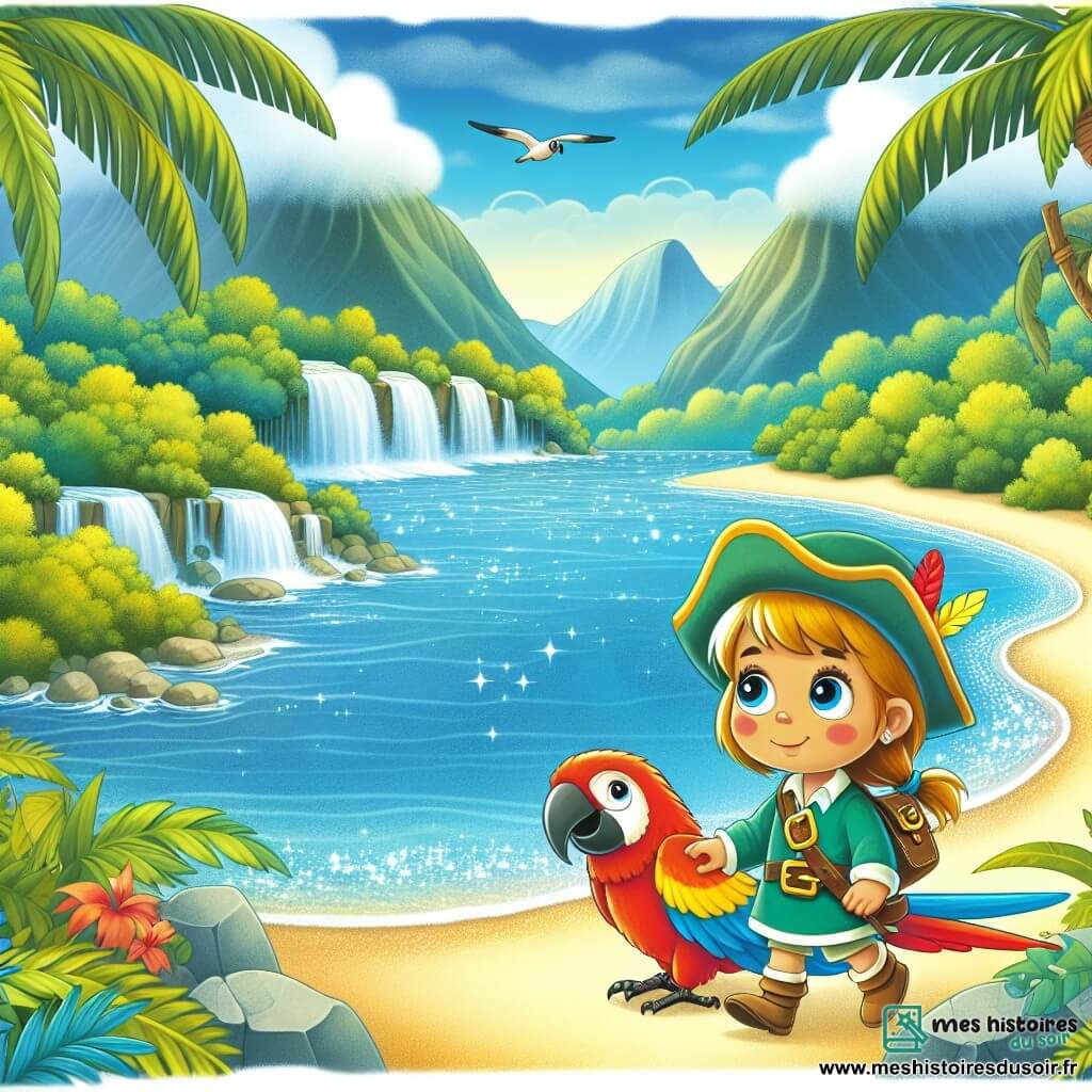 Une illustration destinée aux enfants représentant une courageuse petite fille, accompagnée d'un fidèle perroquet coloré, explorant une île tropicale luxuriante bordée de plages de sable fin et de cascades étincelantes.