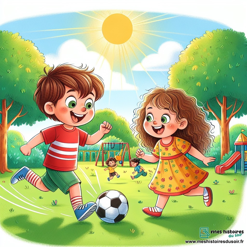 Une illustration sous forme de dessin destinée aux enfants représentant un parc ensoleillé avec des arbres verdoyants et une aire de jeux colorée, où un garçon de 3 ans aux cheveux bruns et bouclés, souriant et vêtu d'un t-shirt rouge, dribble un ballon de foot avec enthousiasme, tandis qu'une fille de 3 ans aux longs cheveux bouclés et portant une robe jaune à fleurs l'encourage joyeusement, illustrant ainsi leur amitié et leur détermination à jouer ensemble, défiant les stéréotypes de genre.